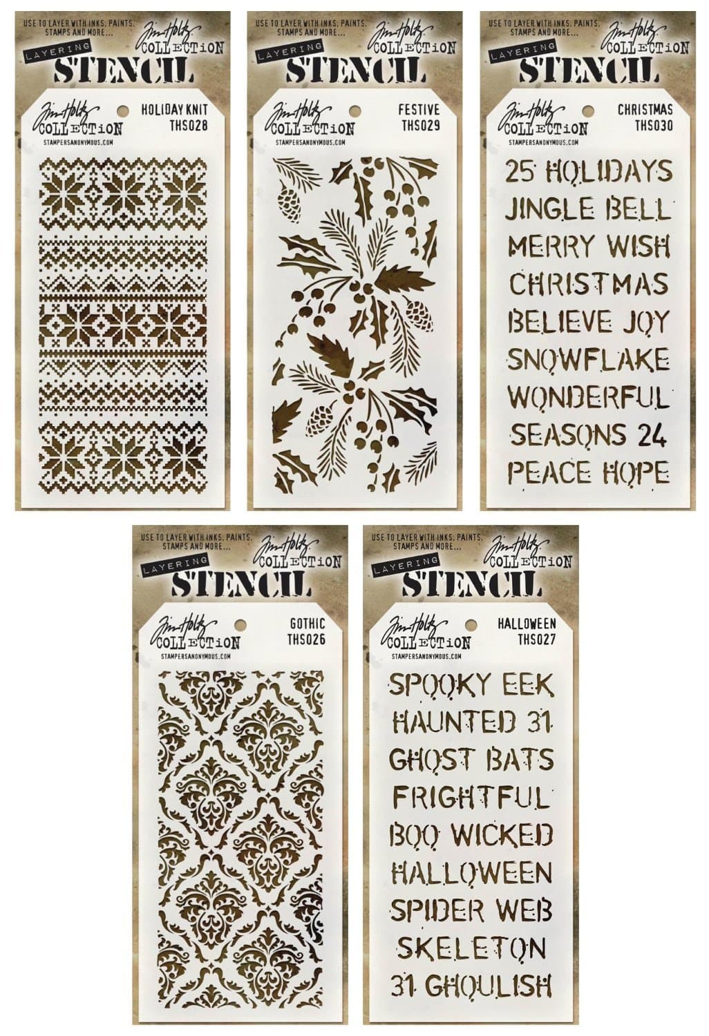 Tim Holtz Stencils Set - #26 to #30 - Gothic Layered, Halloween Layered, Holiday Knit Layered, Festive Layered & Christmas Layered - 5 Item Bundle