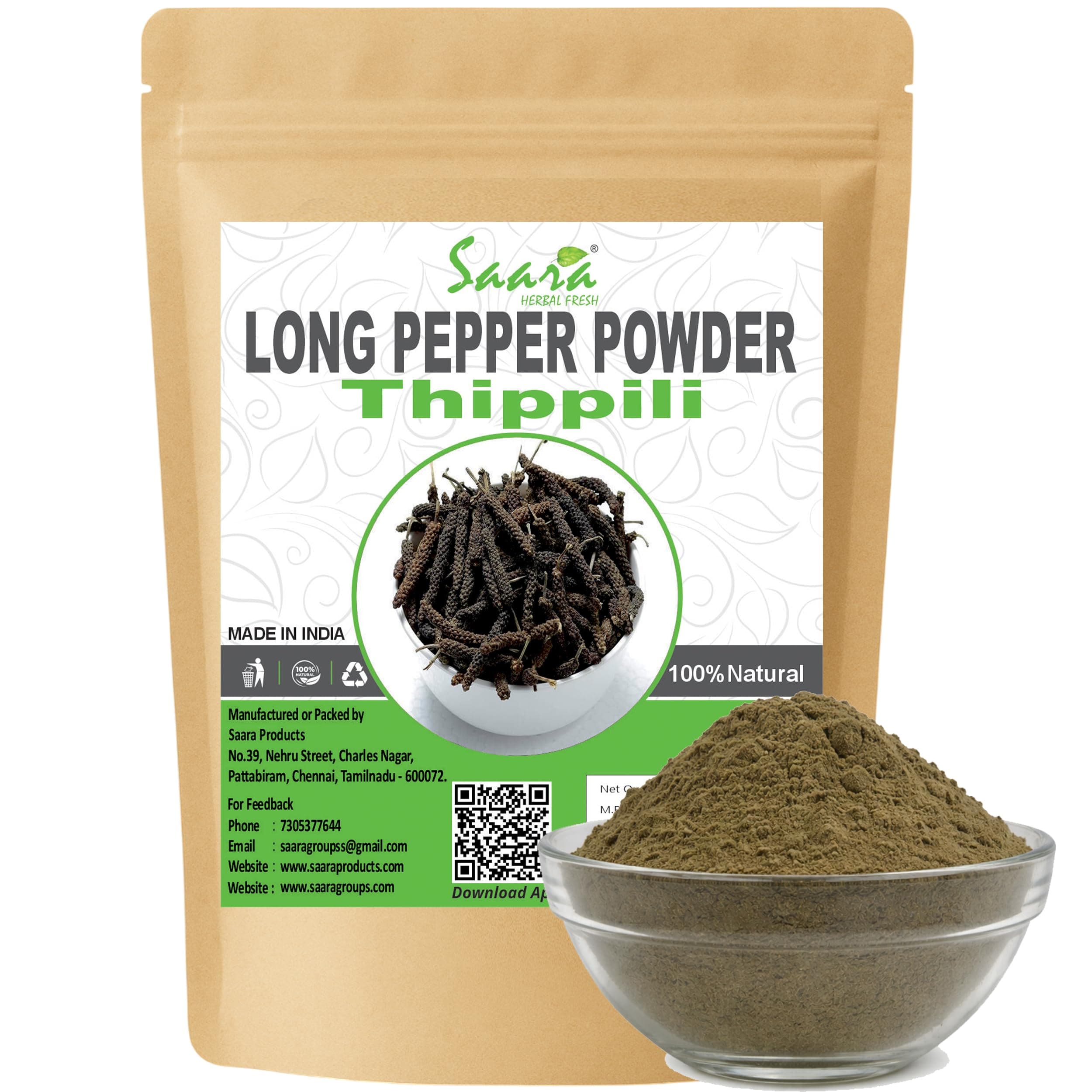 Saara Herbal Fresh Thippili Powder, 50g, Long Pepper Powder, Pipal Badi,Pipali, Piper Longum, Gantoda, Modikaddi Powder, Helps to Improve Appetite(Pack of 1 x 50g)