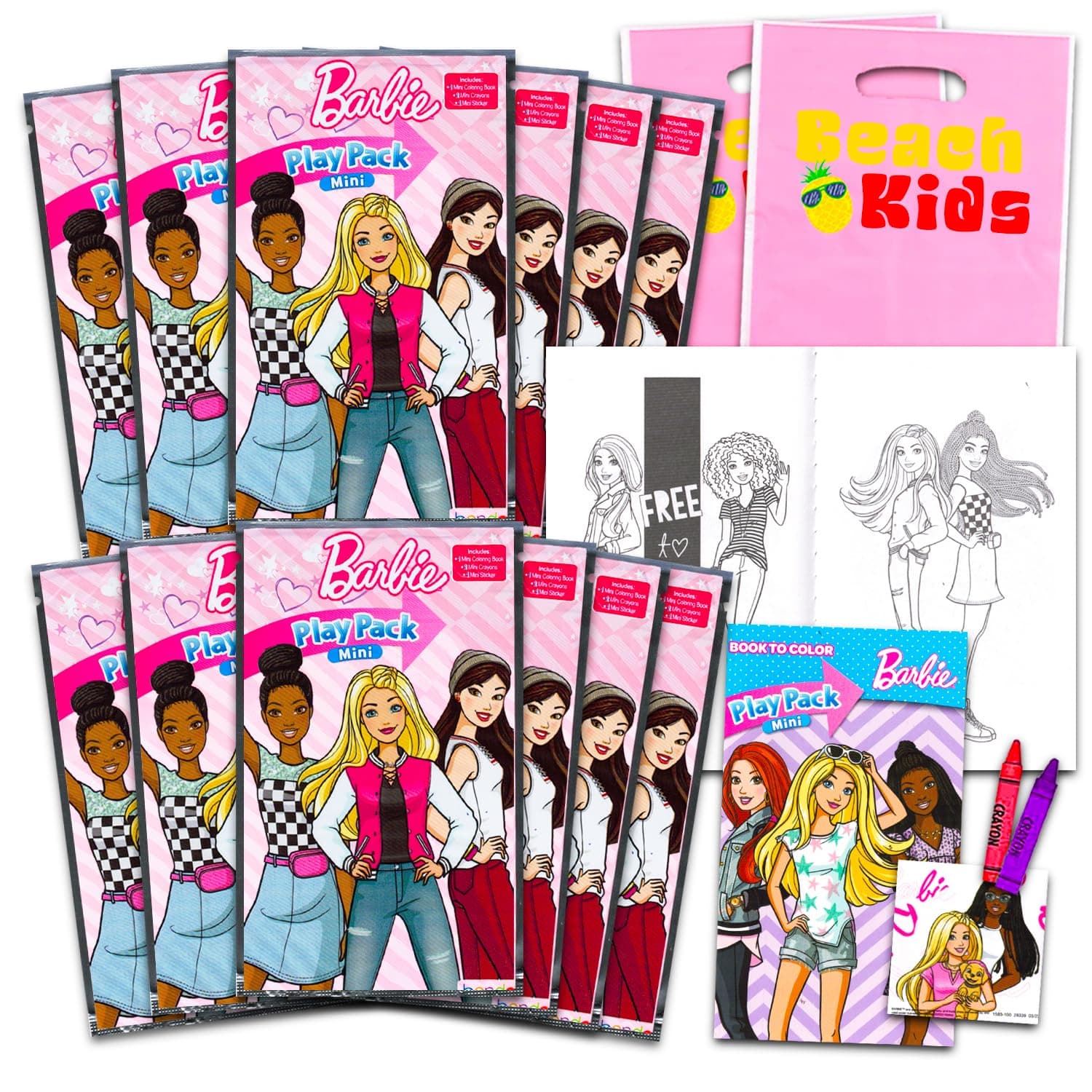 12 Piece Barbie Mini Party Favor Set - Package of 12 Barbie Play Packs, Mini Colouring Books, Stickers and Gift Bags (BBarbie Birthday Party Supplies, Decorations)