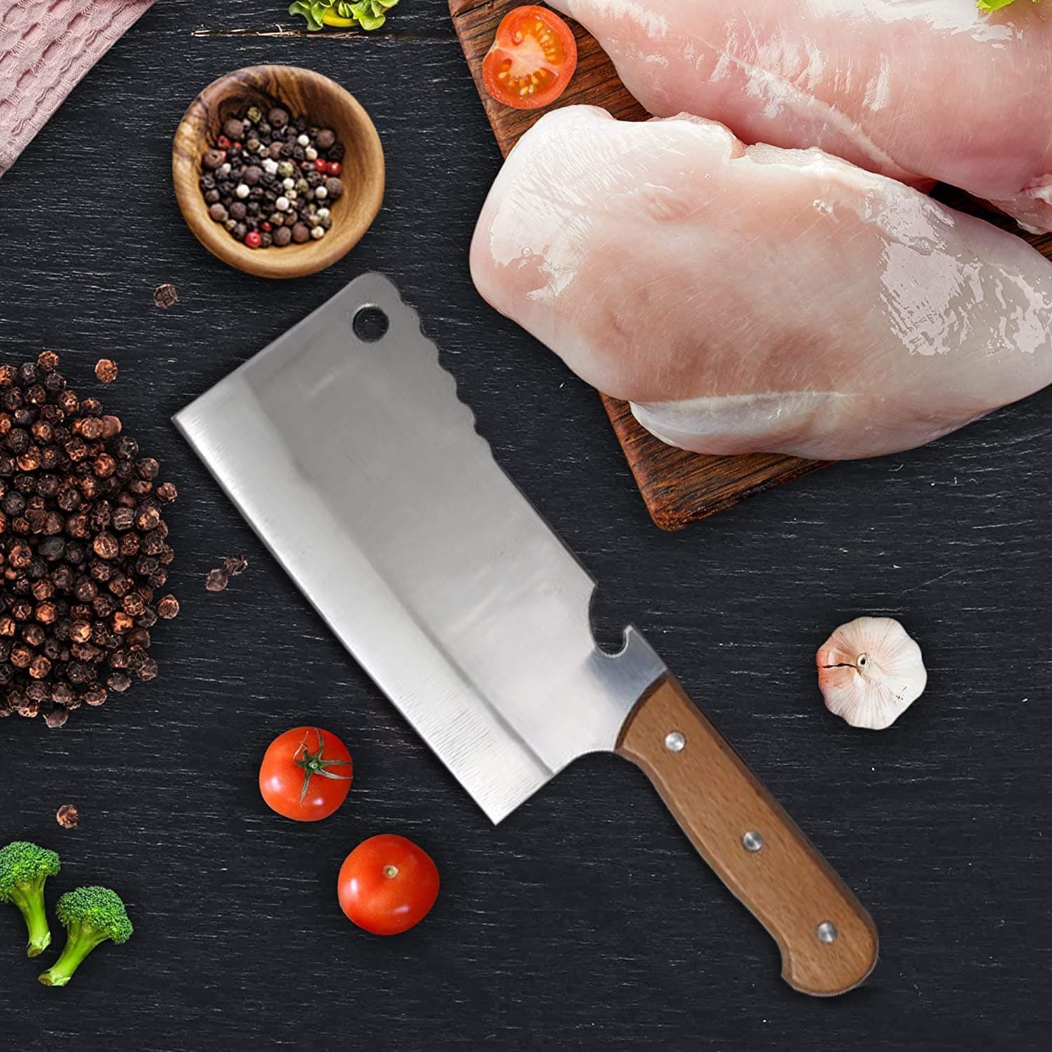 11.2 Inch Meat Cleaver, Heavy Duty, Chinese Chef Knife, German Steel, Silver Blade, Brass Handle, Forged, Dishwasher Safe