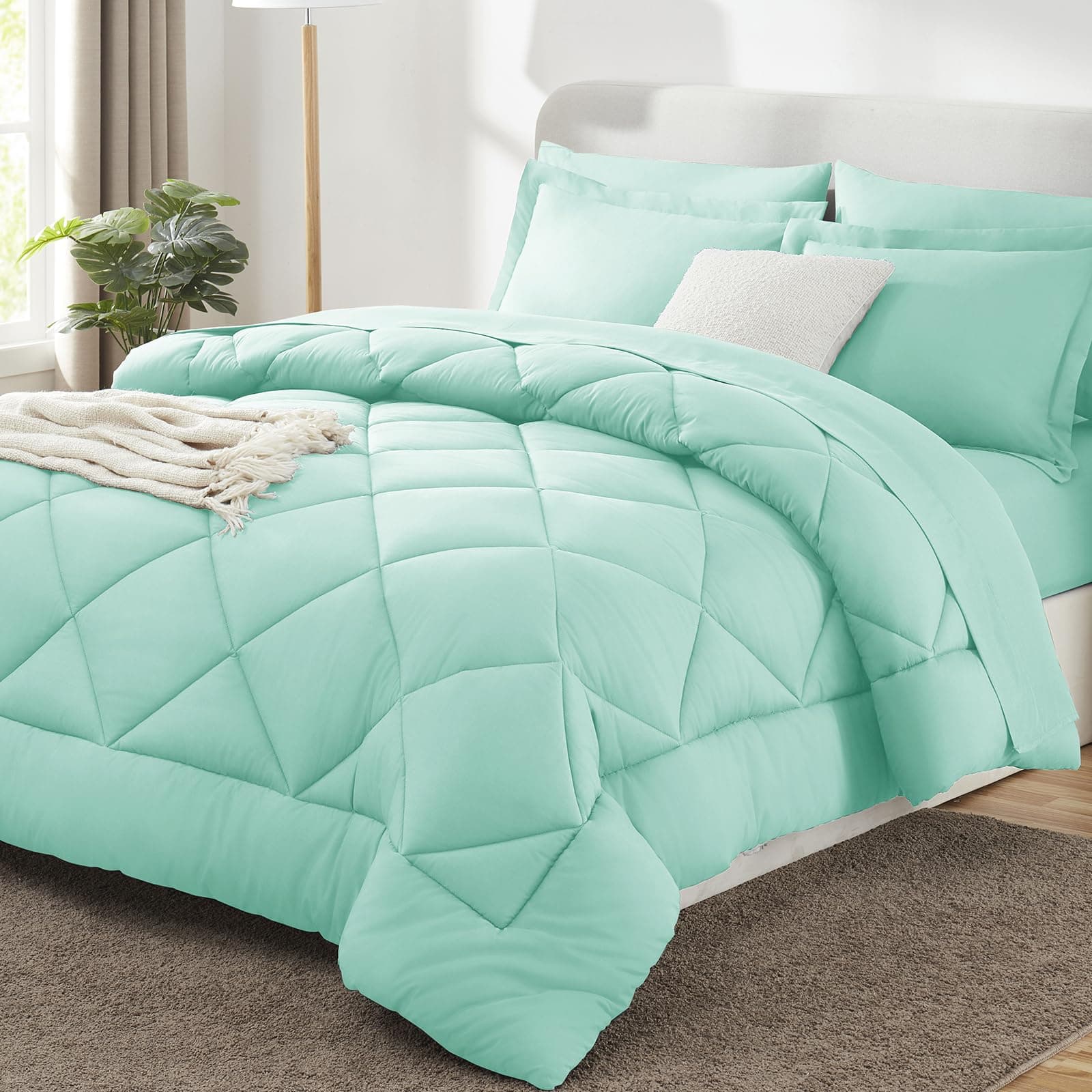 CozyLux Full Size Comforter Sets Mint Green - 7 Pieces Bed in a Bag Full, Luxury Soft Bed Set for All Seasons, Bedding Set with Down Alternative Comforter, Sheets, Pillowcases & Shams