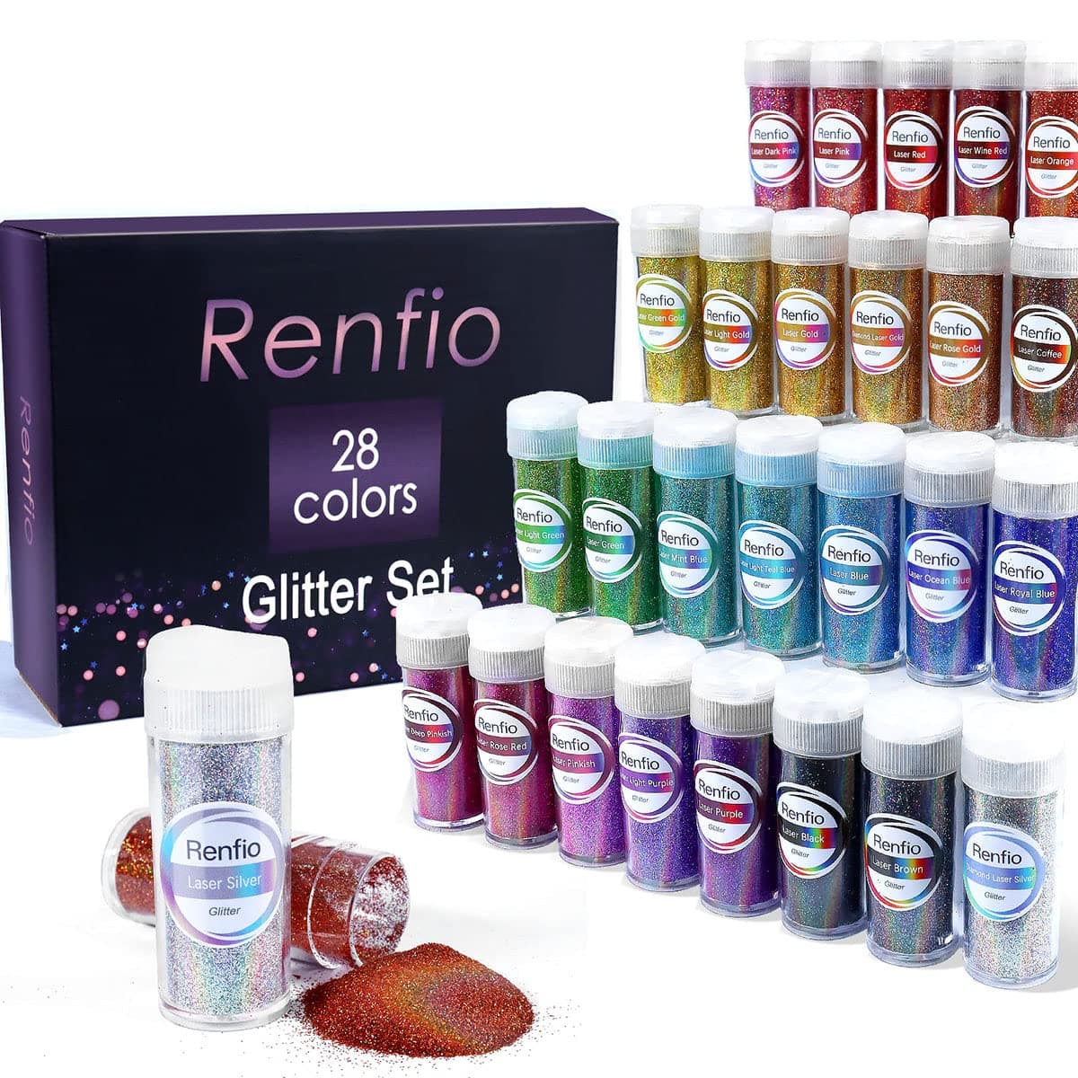 Renfio 28 Colors Holographic Glitter Set, 14.81oz 420g Ultra Fine Glitter Powder PET 1/128" 0.008" 0.2mm Resin Suppies Assorted Craft Glitter for Fake Nails, Resin Art, Tumblers, Slime, Hair, Bomb
