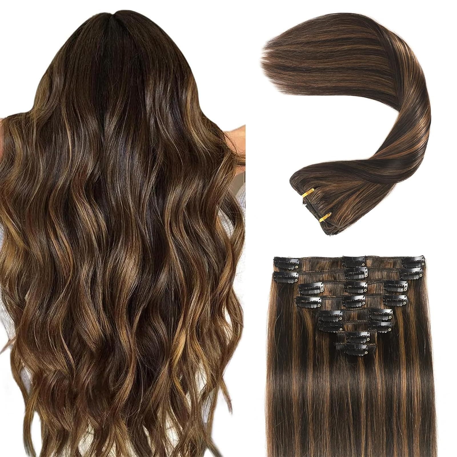 Clip in Hair Extensions Real Human Hair Clip in Extensions for Women Seamless Balayage Natural Black to Chestnut Brown Straight Remy 100% Human Clips ins Extension 8pcs Double Weft 18 inch 3.5oz/100g