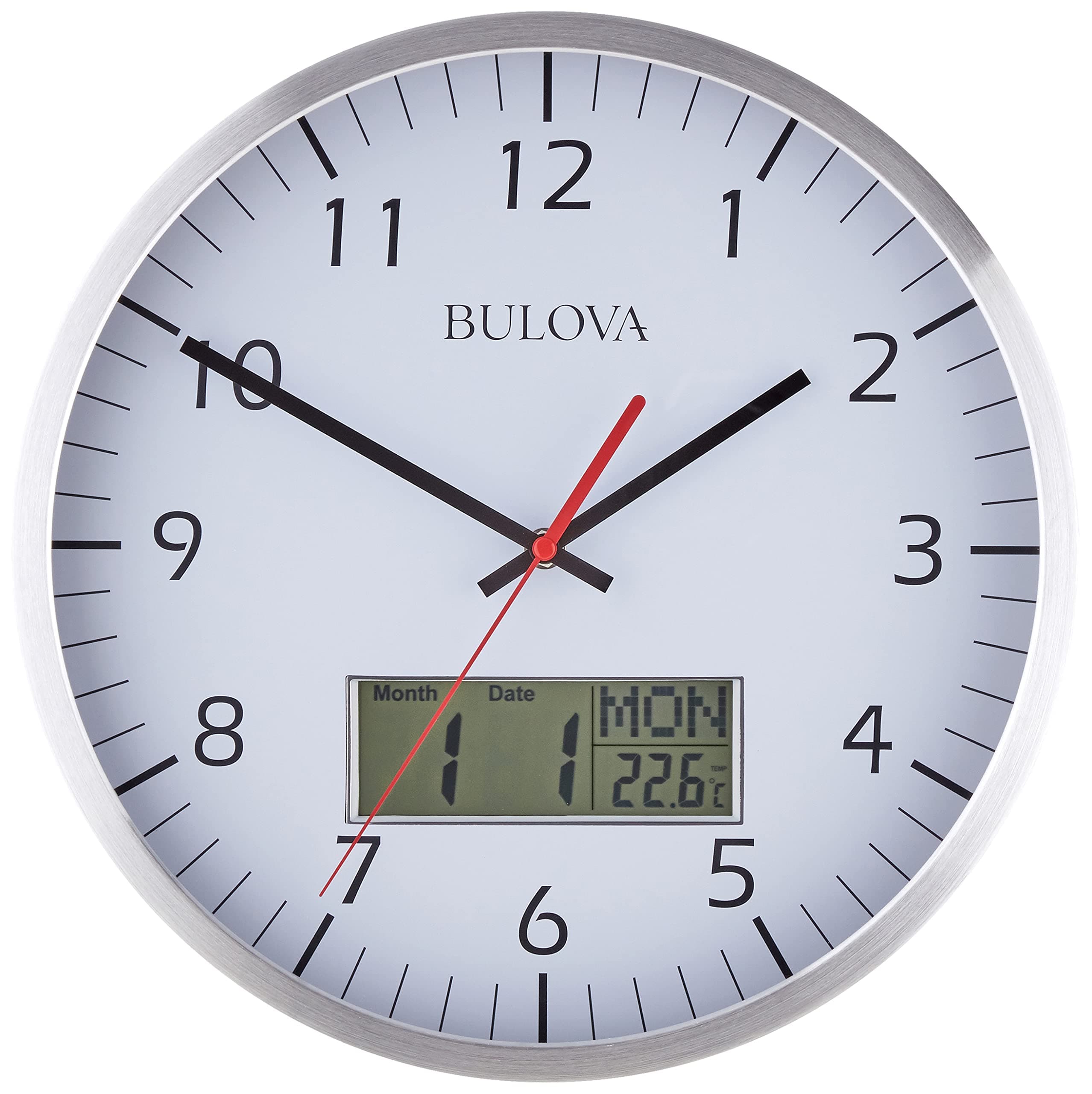 Manager Wall Clock C4810 | 14" Brushed Aluminum Industrial Frame with Digital Date & Temperature Display | Silent Sweep Quartz Movement | Battery Operated | Office & Home Décor