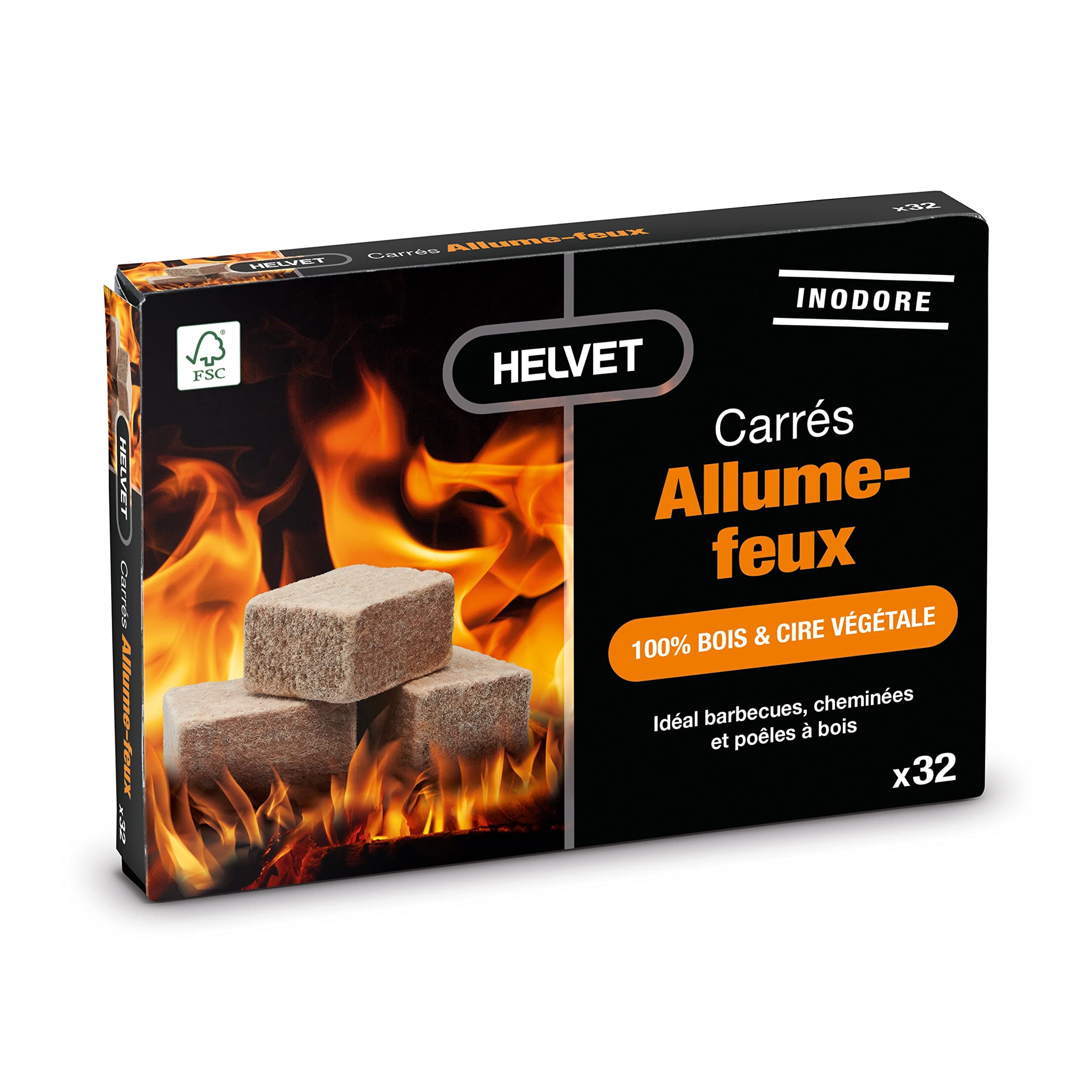 Helvet 32 Natural Fire Starters for Fireplace and Wood Burner in Cubes, Burn Time 7 Minutes Eco Friendly Product, 100% Wood & Vegetable Wax, Regular (LDFC32)