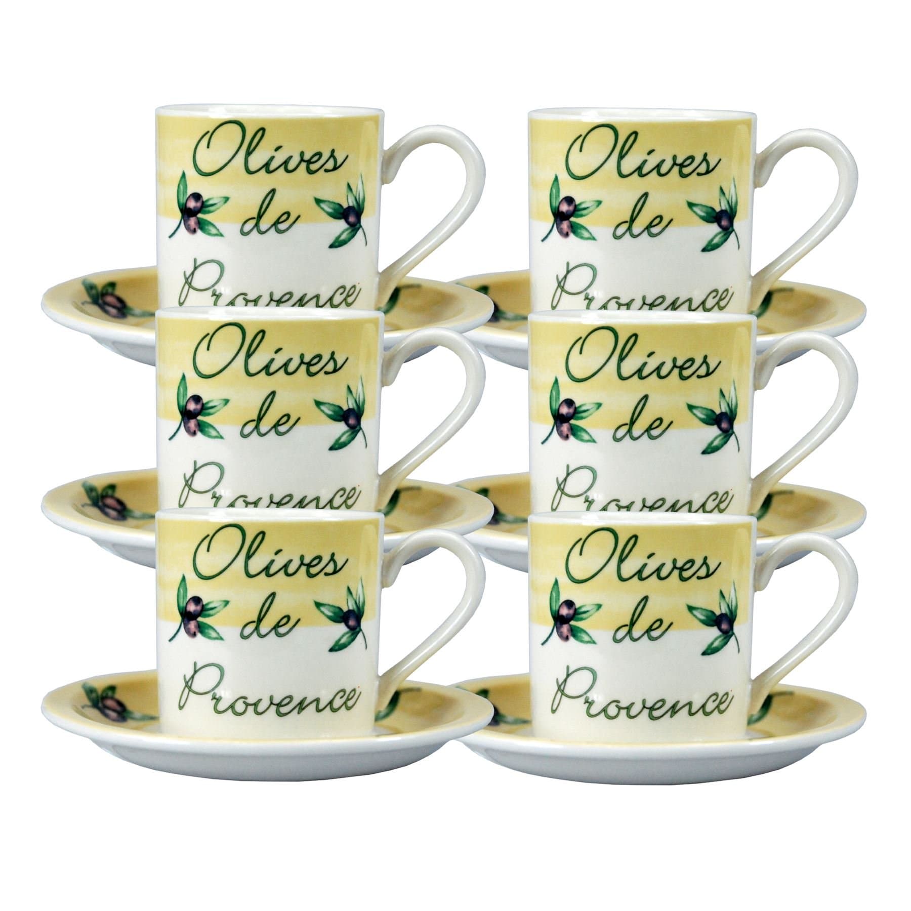 6 x Olives De Provence Porcelain Coffee Cup & Saucer Set Johnson Bros Ware Coffee & Espressco Cups 0.15L 6.5cm Tall & Saucers 13cm Diameter - Dishwasher, Freezer & Microwave Safe