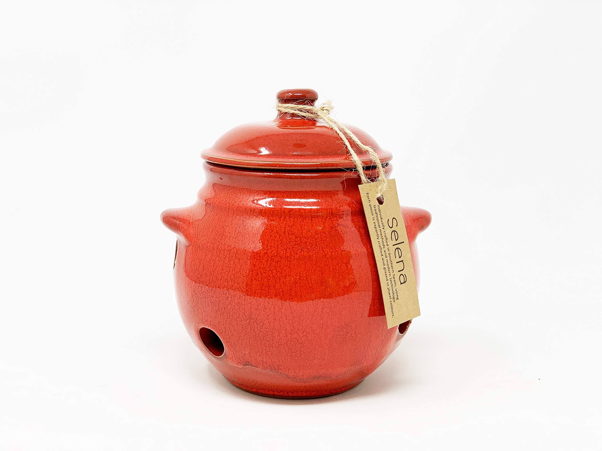 Verano Spanish CeramicsSelena Glaze Hand Dipped Garlic Storage Jar Pot with Lid - Decorative Home Décor Kitchen Restaurant Café Dining Counter Top Food Round Cannister Keeper - 15cm Red