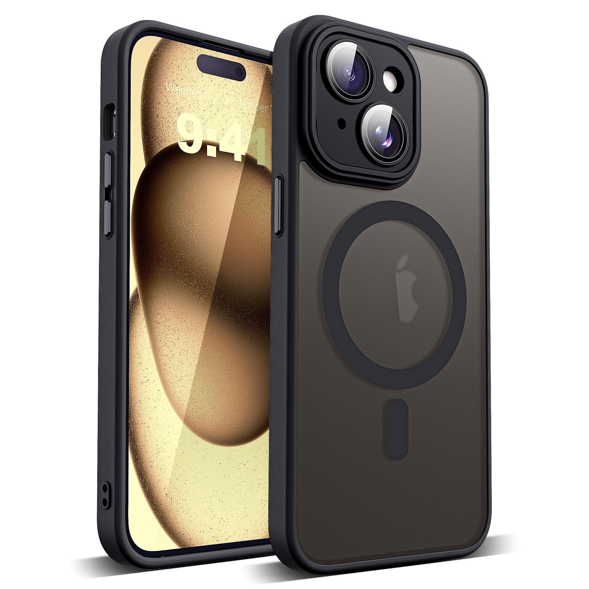 Compatible with iPhone 15 Case with Built-in Camera Lens Protectors Translucent Magnetic iPhone 15 Phone Case 6.1" [Compatible with Mag-Safe][Great Grip Feeling], Black
