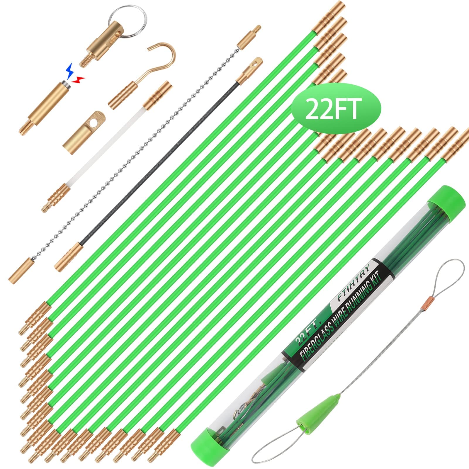 FTIHTRY 22FT Fiberglass Running Electrical Wire Cable Glow Rods Wire Pulling, Fish Rods Electrical Kit with 8 Different Attachments and Fish Tape Wire Puller Kit