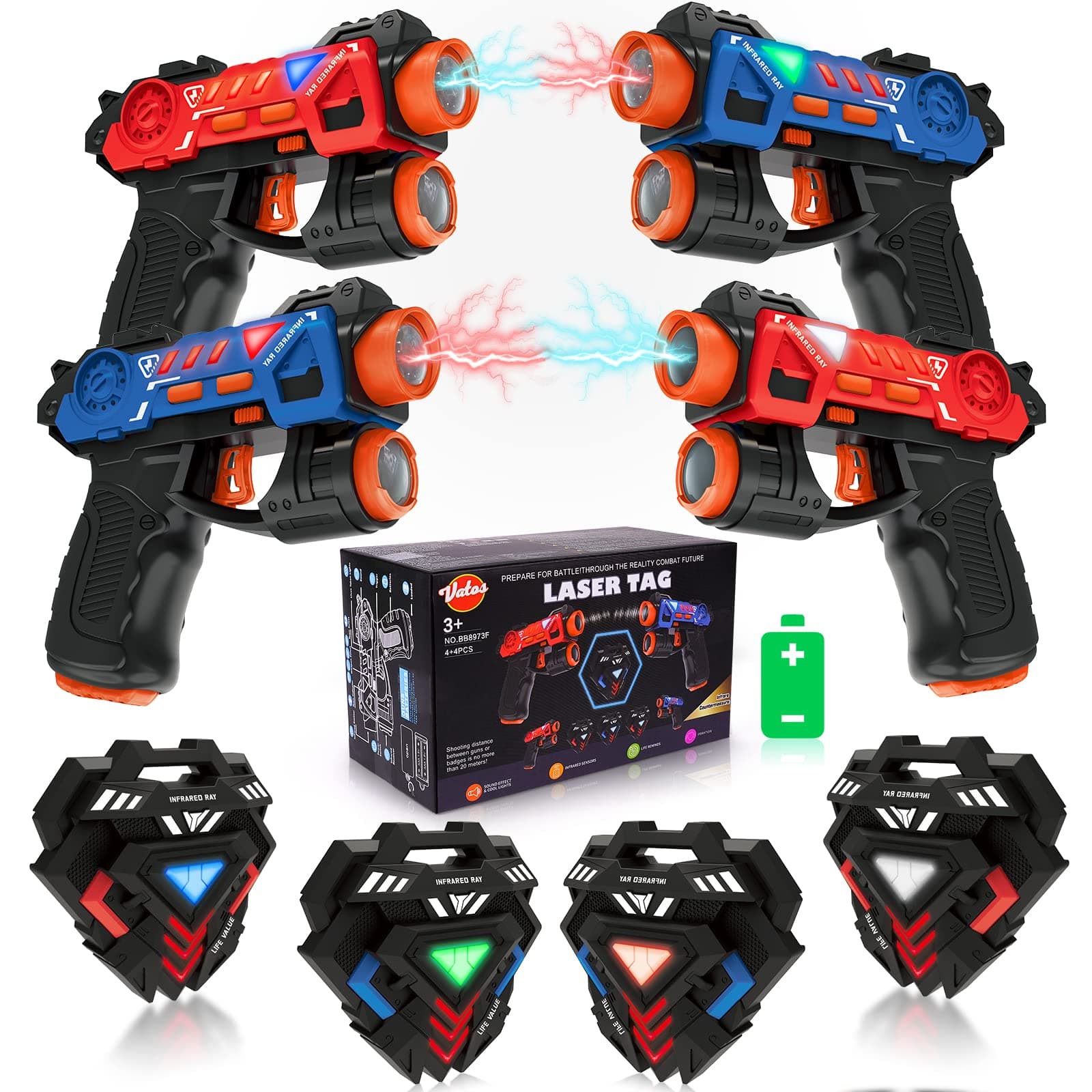 – VATOS Laser Tag Guns Set,Infrared Mini Laser Tag for Kids with Badges 4 Pack,Laser Tag Game 4 Players Indoor Outdoor,Laser Tag Blaster,Group Activity Fun Toy for Kids Age 4 5 6 7 Boys Girls