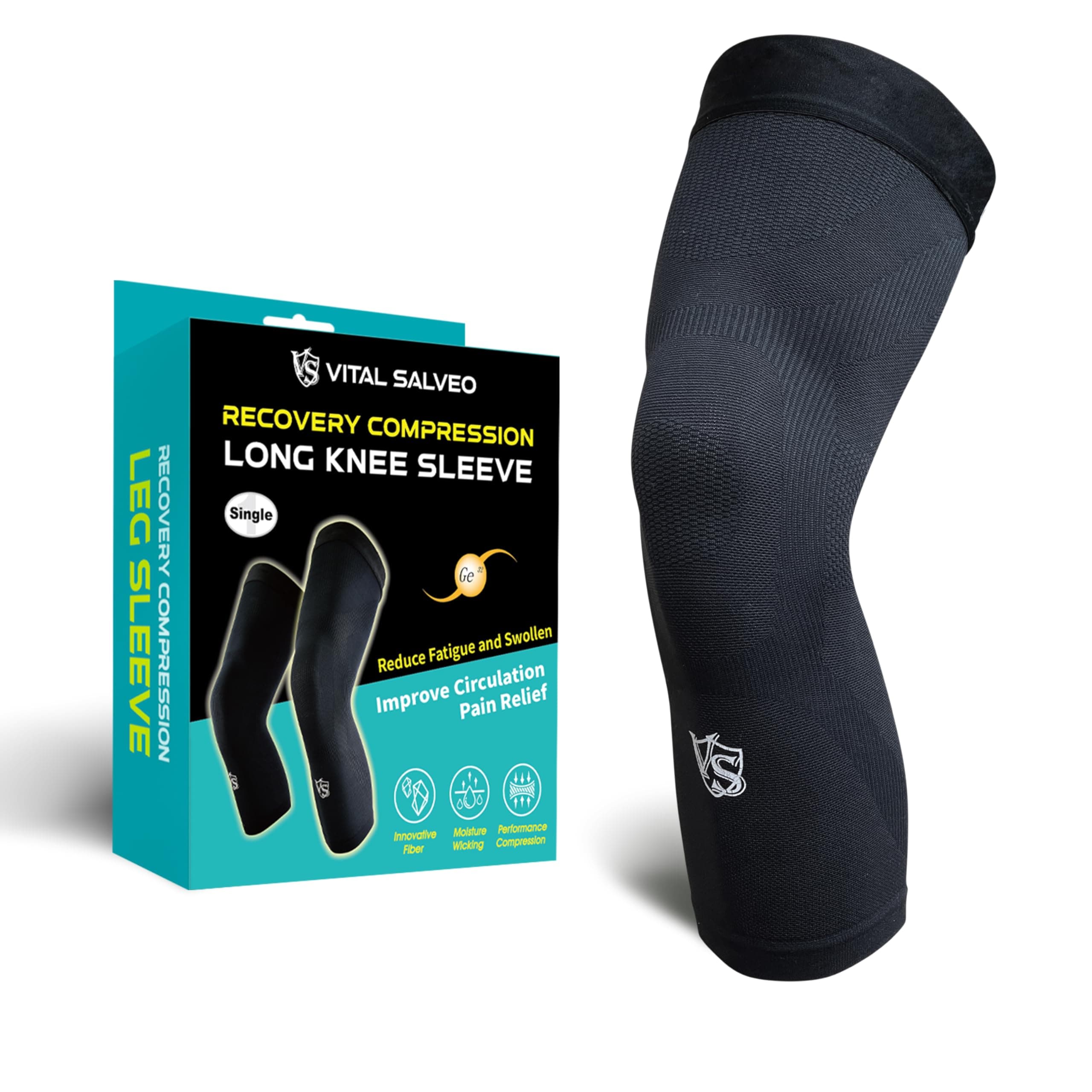 Salveo-Sports and Outdoor Compression Long Knee Sleeve Leg Support knee brace undersleeve- Germanium Recovery Running, Basketball (1 PC) Large
