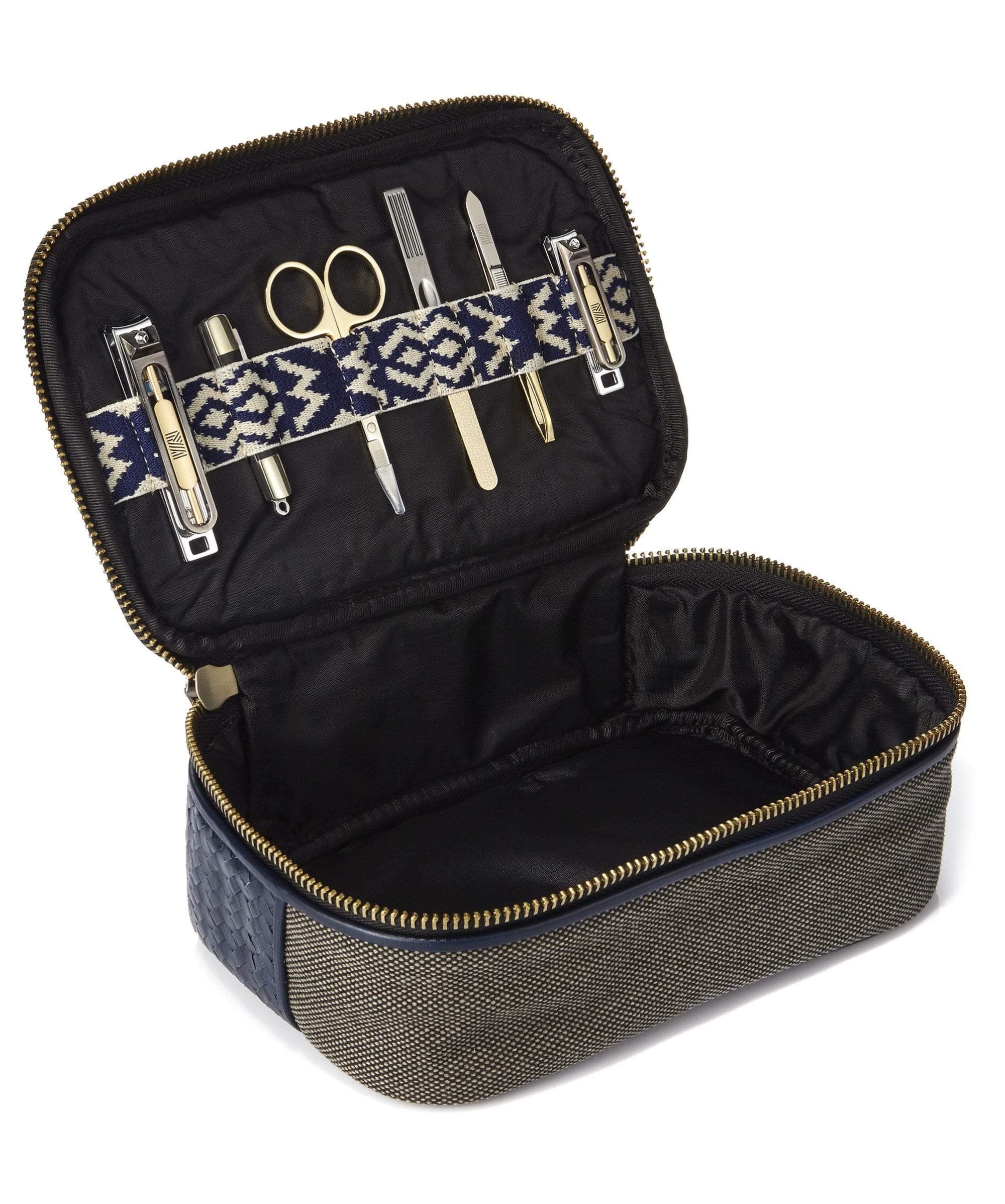 Mantidy Men's Leather Herringbone Zip-Around Wash Bag Navy One Size