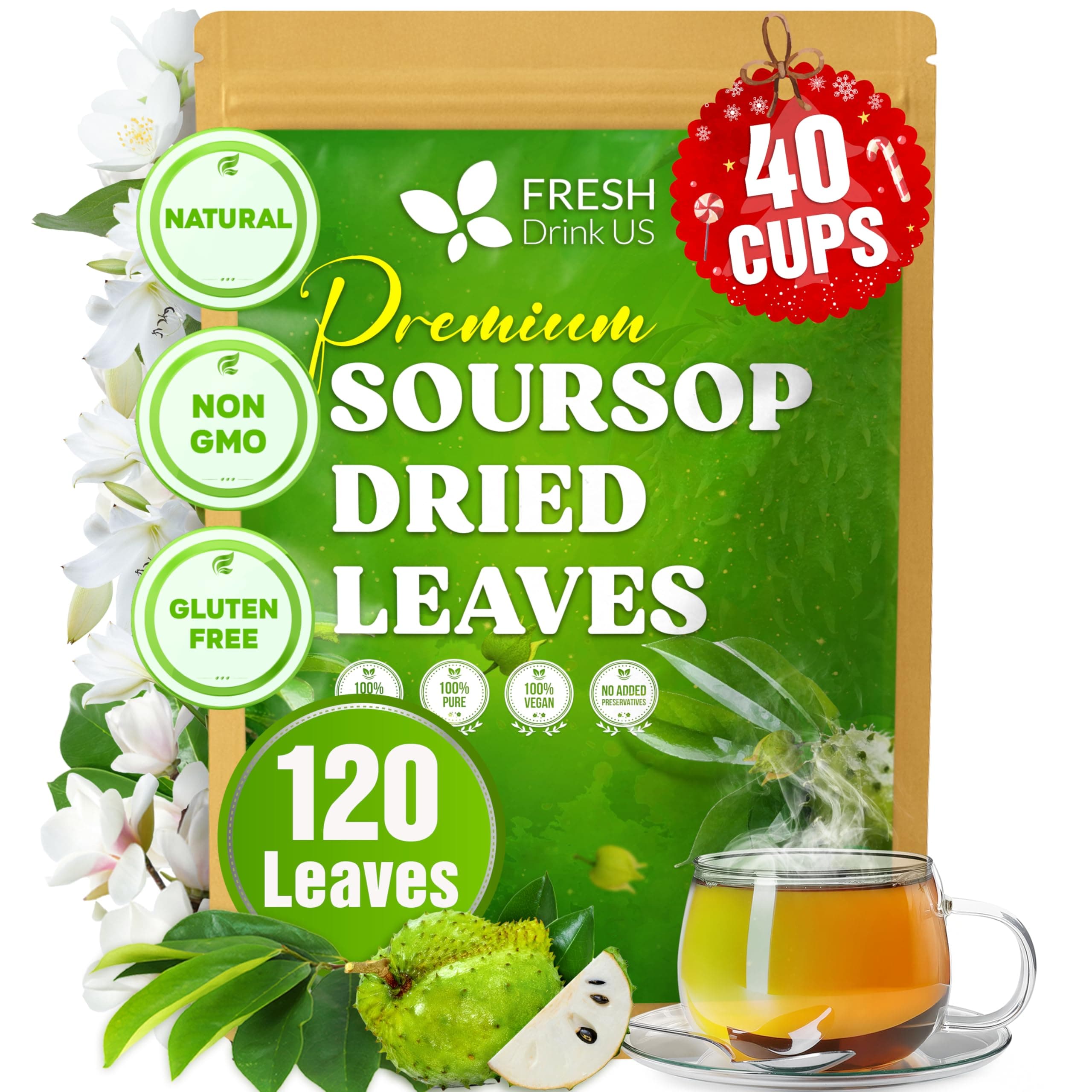 FRESHDRINKUS Premium Soursop Graviola Dried Leaves, 120-130 Natural Whole Soursop Leaves, Wildcrafted, Hoja Guanabana, Soursop Loose Leaf Herbal Tea, No Gluten, Vegan