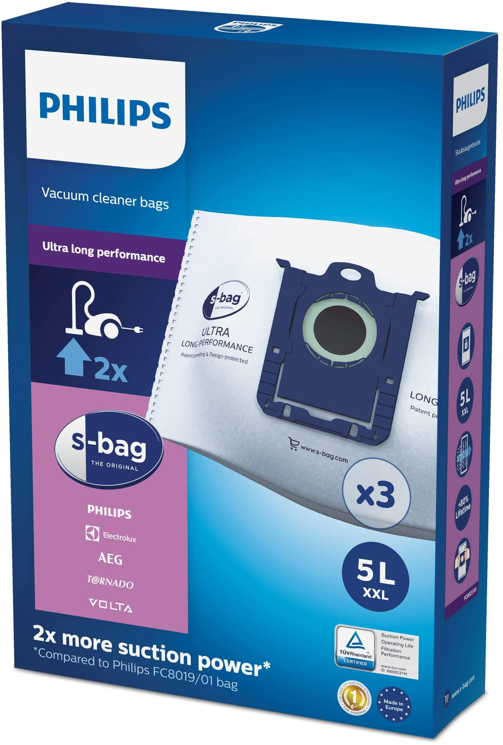 Philips S-Bag FC8027/01 Vacuum Cleaner Bags Ultra-Long Performance 80% Longer-Lasting Compatible with Phillips/Electrolux/Tornado, White