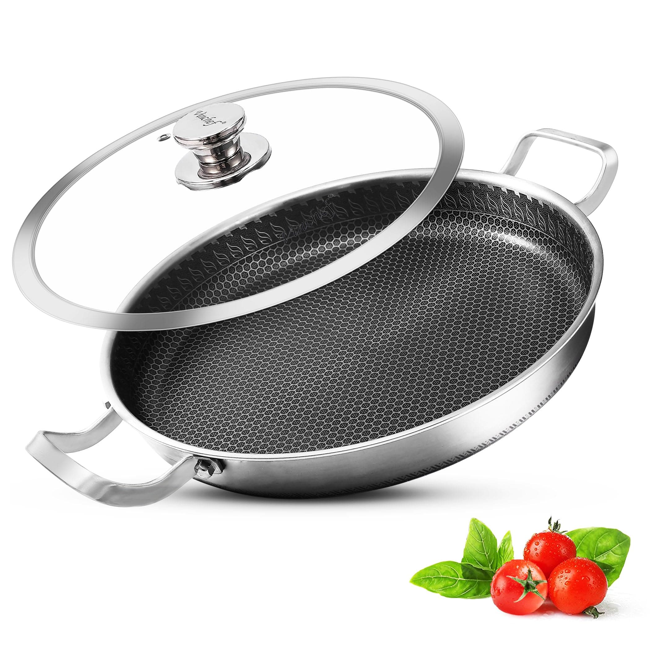 13 Inch Paella Pan, Stainless Steel with Lid, Honeycomb Nonstick Coating, Oven Safe, Dishwasher Safe, Induction, Gas, Electric Stove Compatible