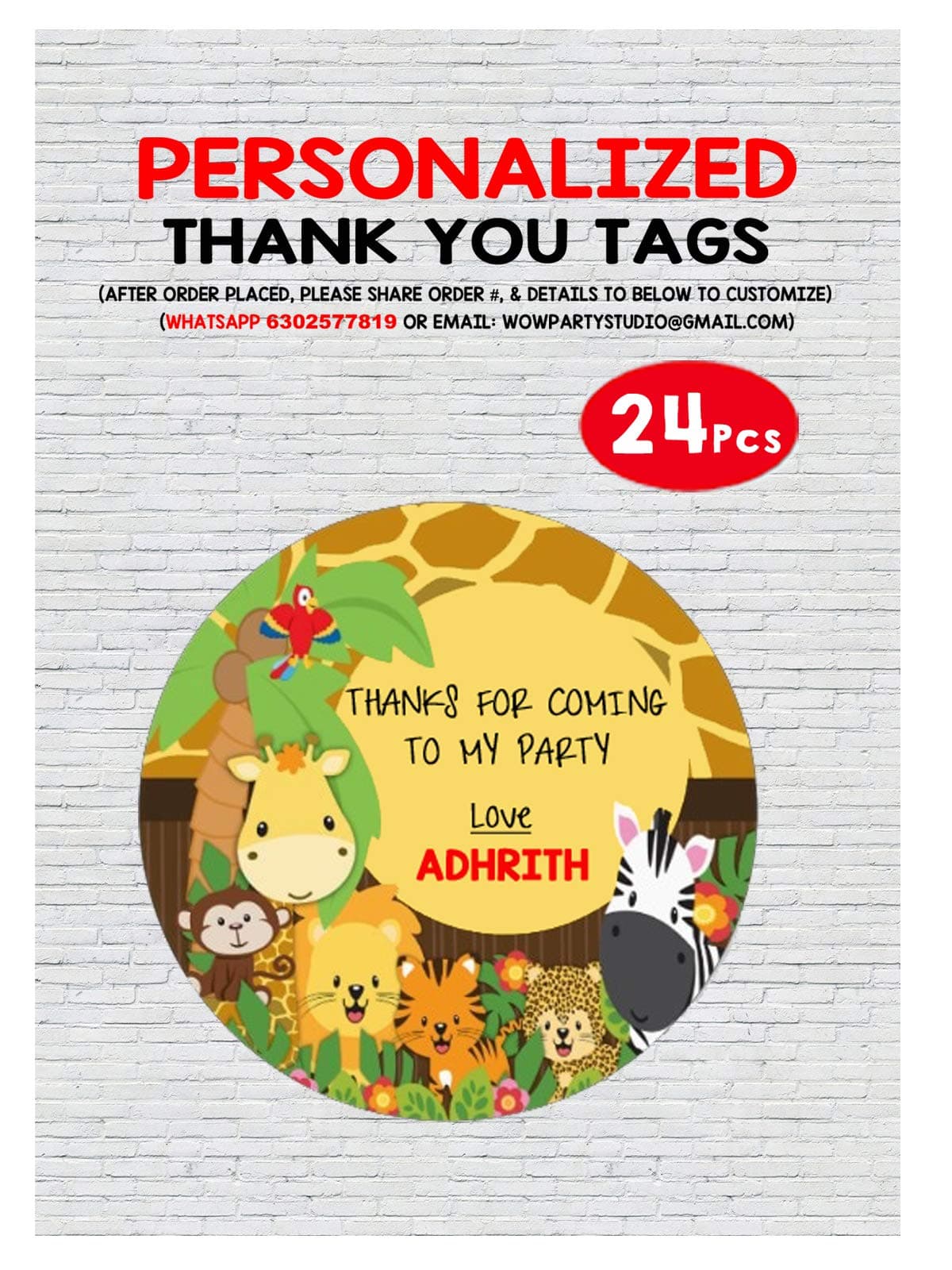 WoW Party Studio Personalized Jungle Animals Theme Happy Birthday Party Decorations Return Gift Thank You Tags with Birthday Boy/Girl Name Printed - 24Pc