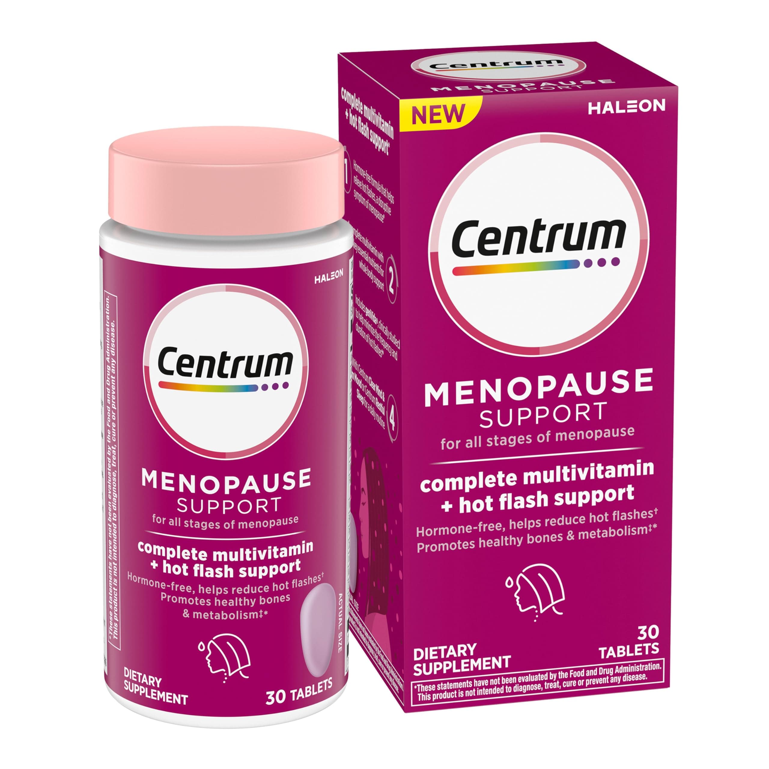 - Centrum Complete Multivitamin Supplement + Hot Flash Support Menopause Support Tablets, with Clinically Studied geniVida, 30 Count