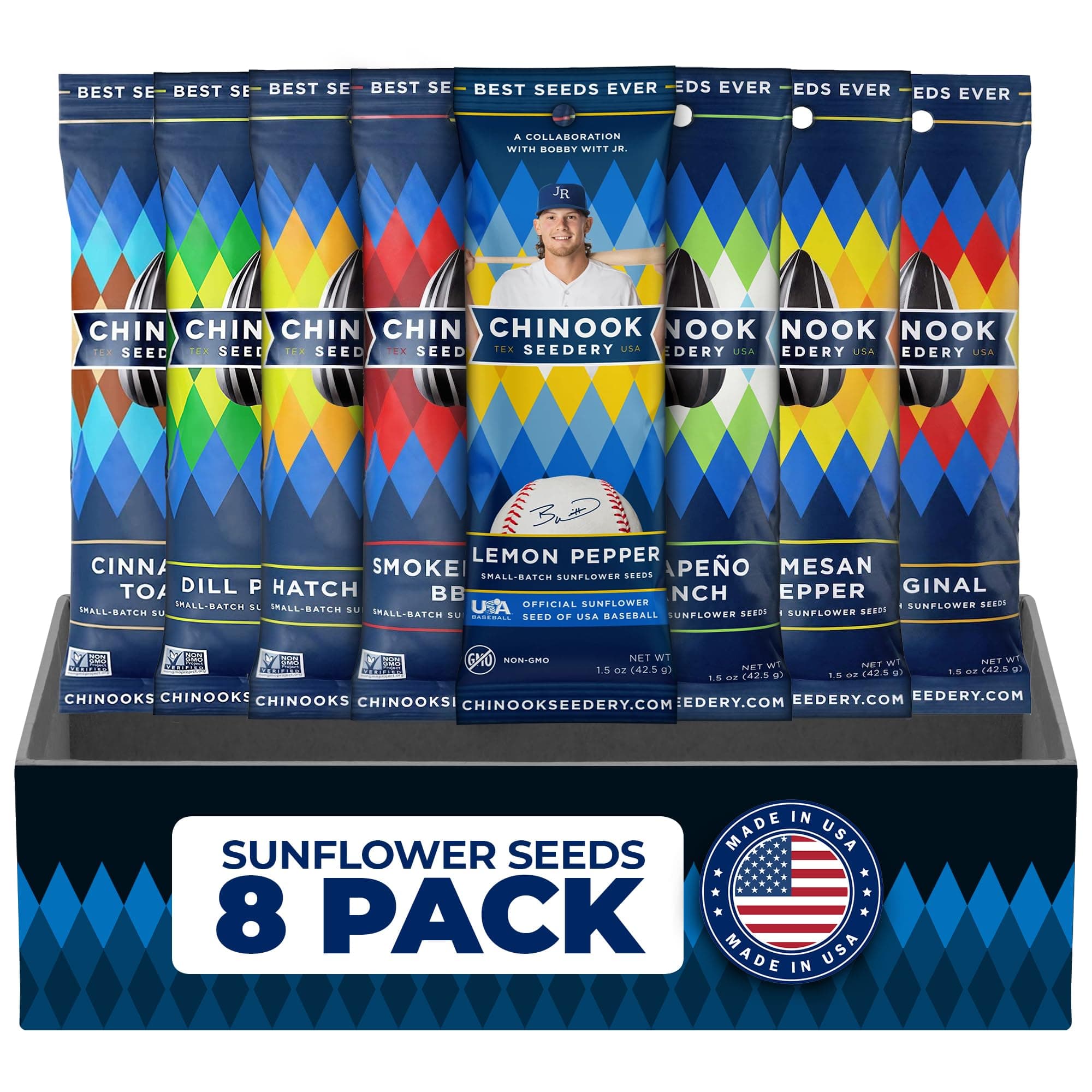 Chinook Seedery Roasted Sunflower Seeds to Eat - 8 Flavor Sampler Pack 1.5 oz (Pack of 8) Jumbo Low Sodium Sunflower Seeds Keto Snacks - Adventure, Baseball, School Snacks -Gluten Free, Non GMO Snacks
