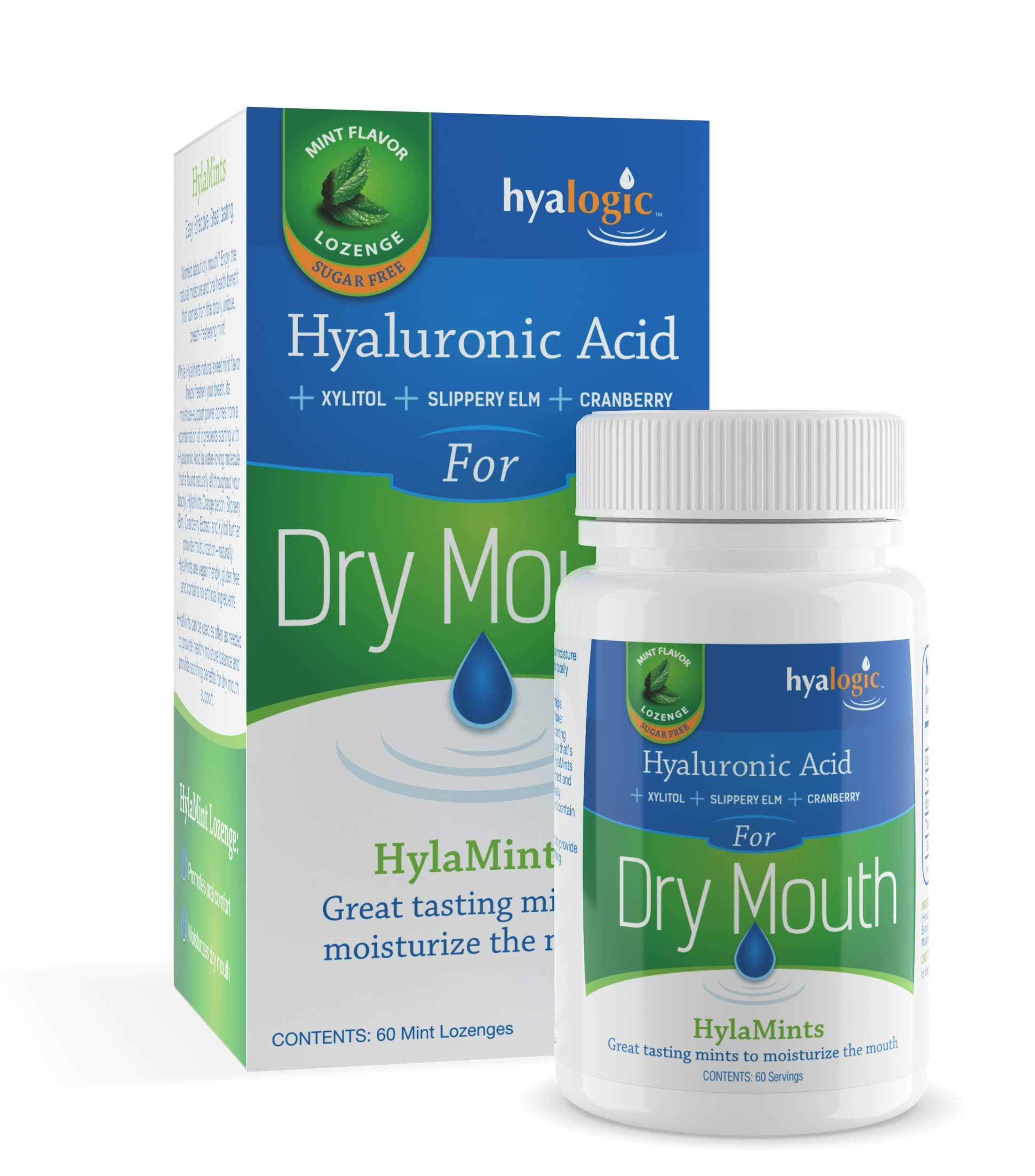 Hyalogic HyaMints Breath Mints for Dry Mouth- Sugar Free Mint Flavor— Natural Breath Freshener w/Hyaluronic Acid, Cranberry Extract, Xylitol, Slippery Elm, Orange Pectin (60 Count)