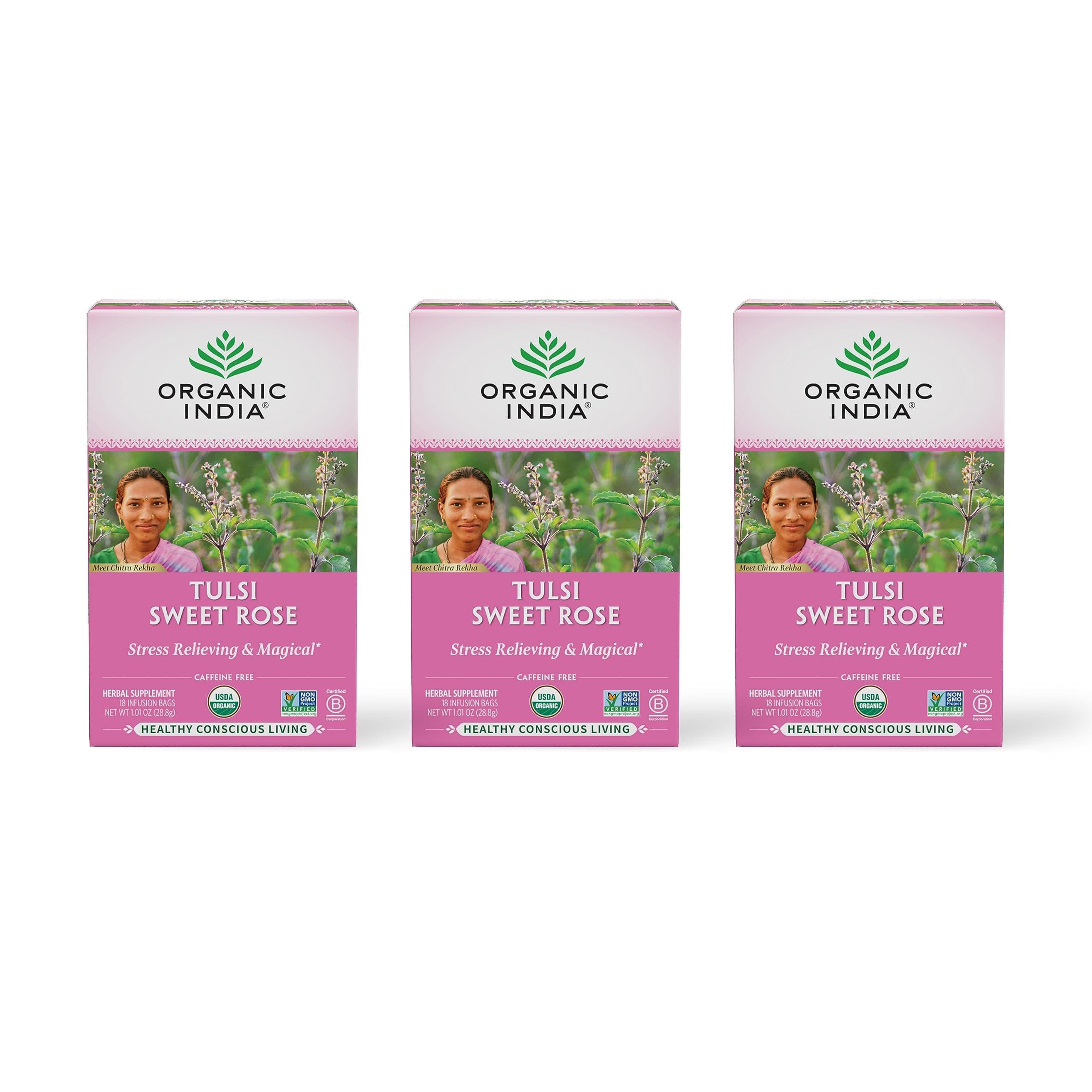 ORGANIC INDIA Tulsi Sweet Rose Herbal Tea - Holy Basil Leaf, African Basil, Chamomile, Lemon Myrtle, Stress Relieving, Caffeine Free - 18 Bags, 3 Pack