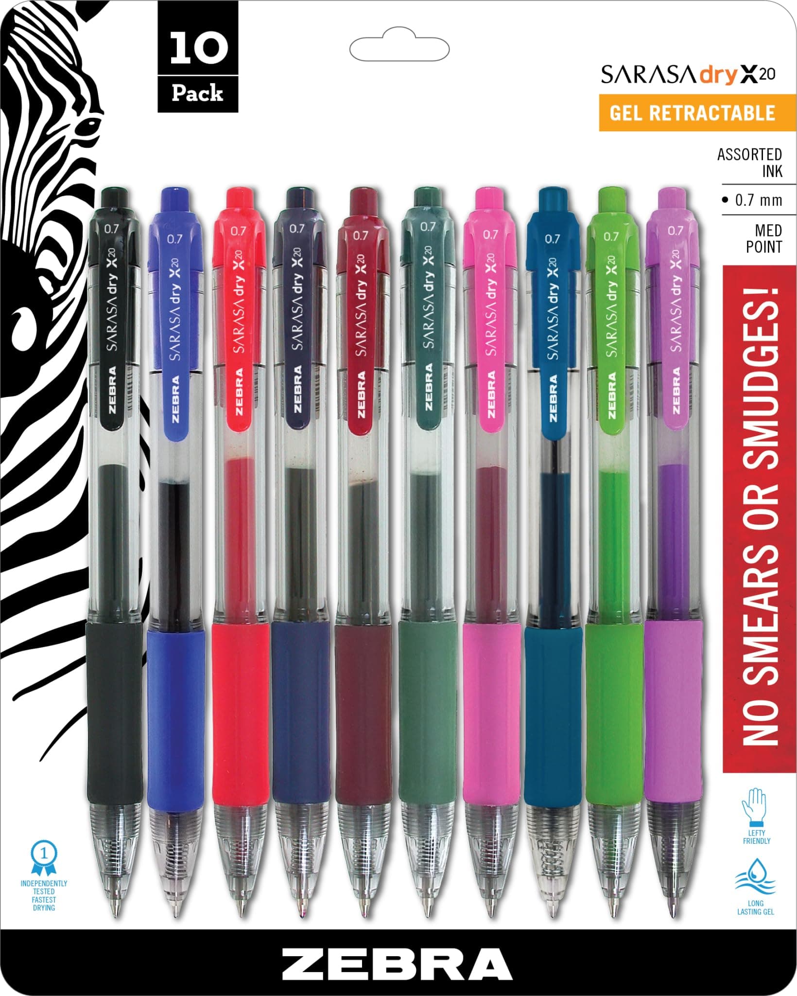 Zebra Pen Sarasa Retractable Gel Pen, Medium Point, 0.7mm, Assorted Fashion Color Ink, 10-Pack