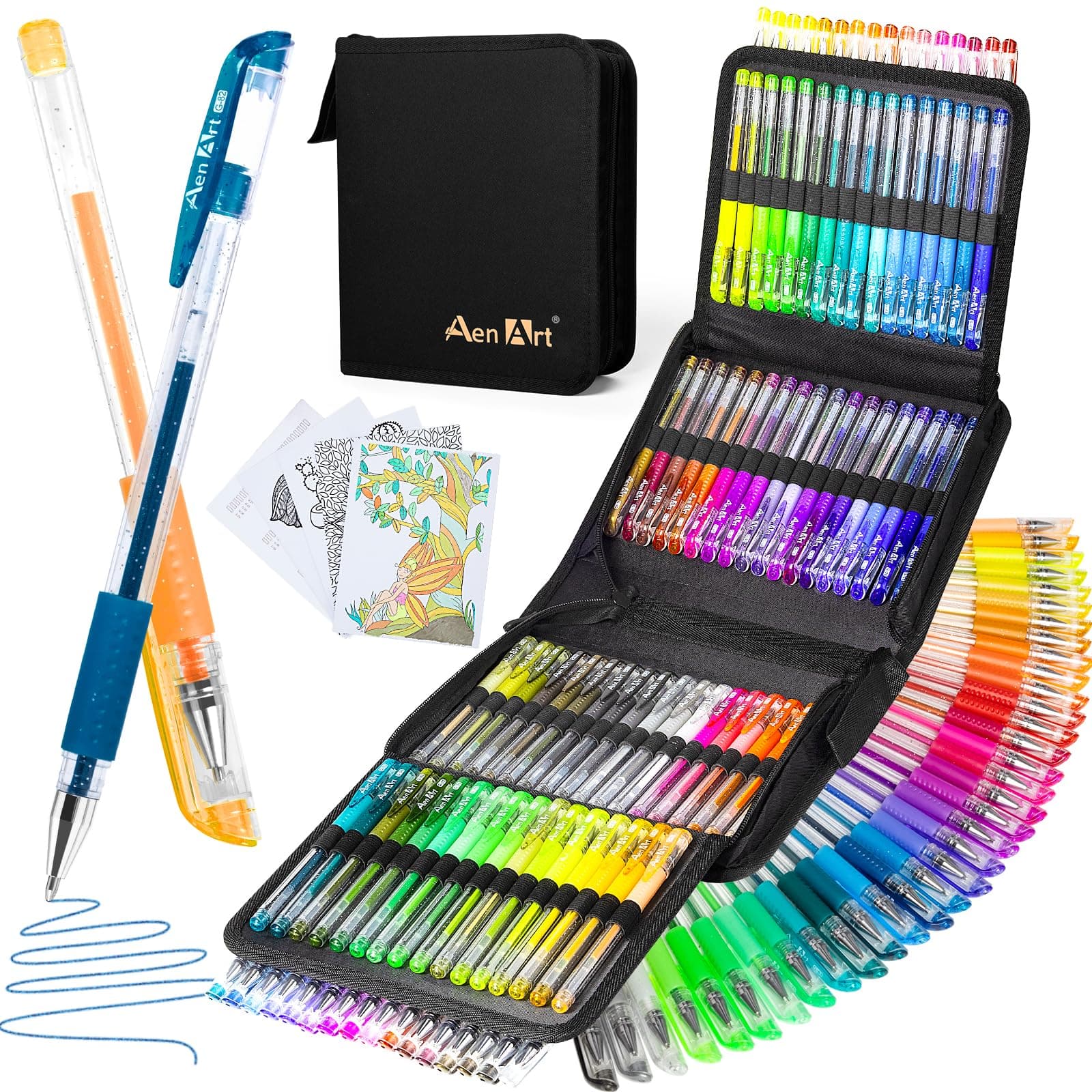 Aen Art Glitter Gel Pens with Case for Adult Coloring Books, 100 Color Glitter Pen Set 40% More Ink Neon Glitter Gel Marker for Journaling Crafting Doodling Drawing