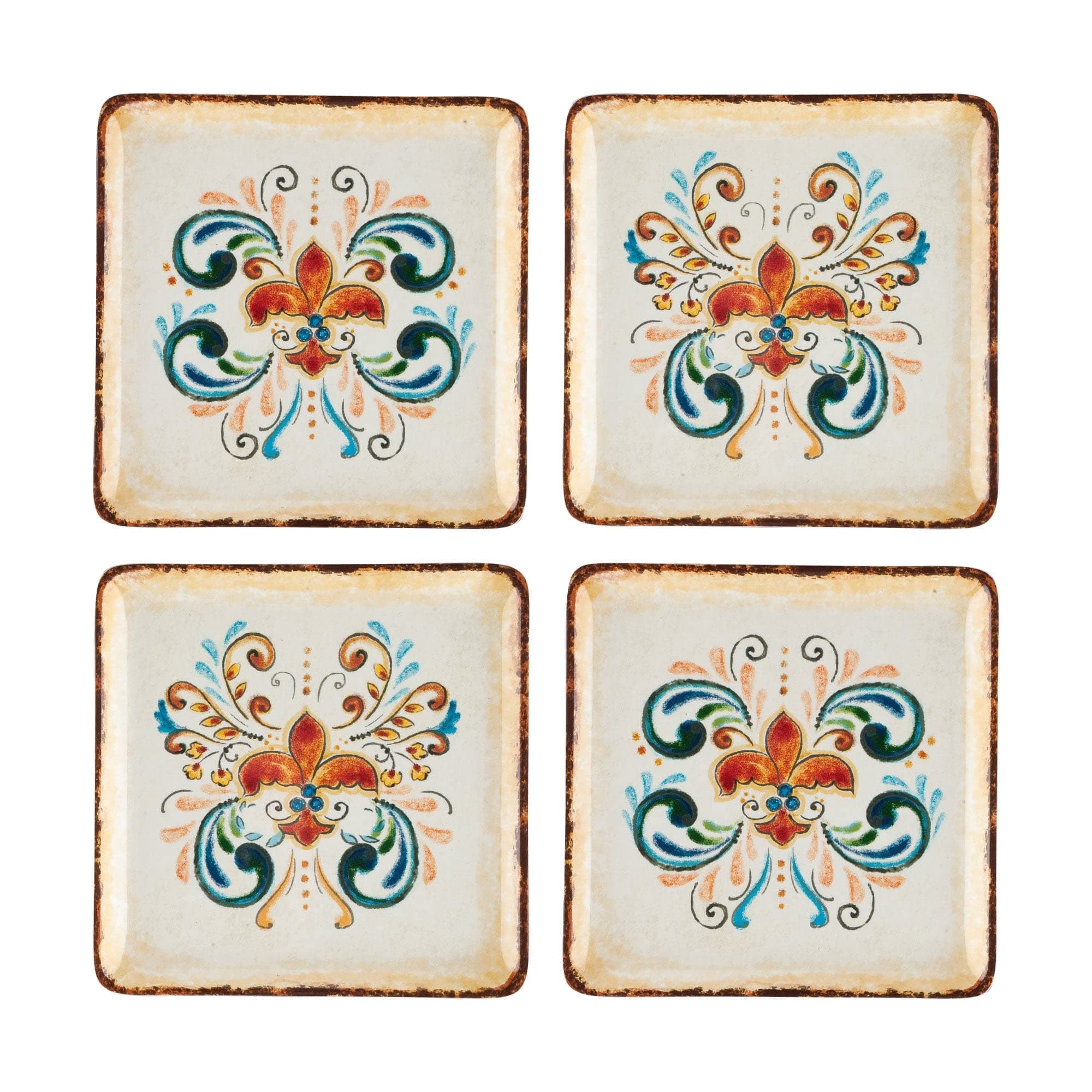 UP UPware Tuscany Melamine Square Dessert Plates, Small Serving Plates, for Appetizer, Snacks, and Side Dishes, Multicolor, 5.88 Inch, Set of 4