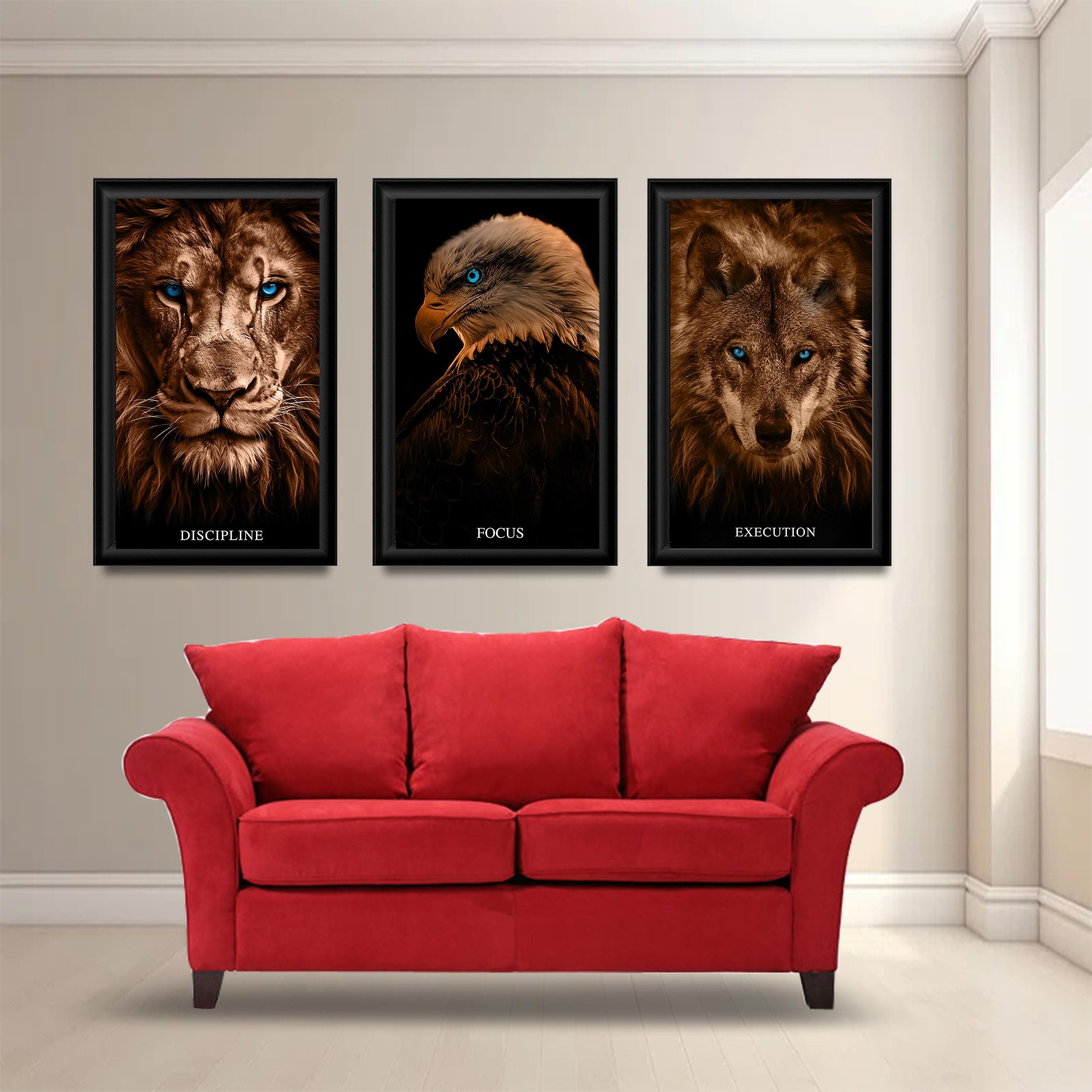 seyon studios LION, EAGLE,WOLF COMBO WOODEN BLACK PHOTOFRAME (12 X20) /Motivational quotes/office/wall mount/home/shops/gifting/also customize your quotes (colour)
