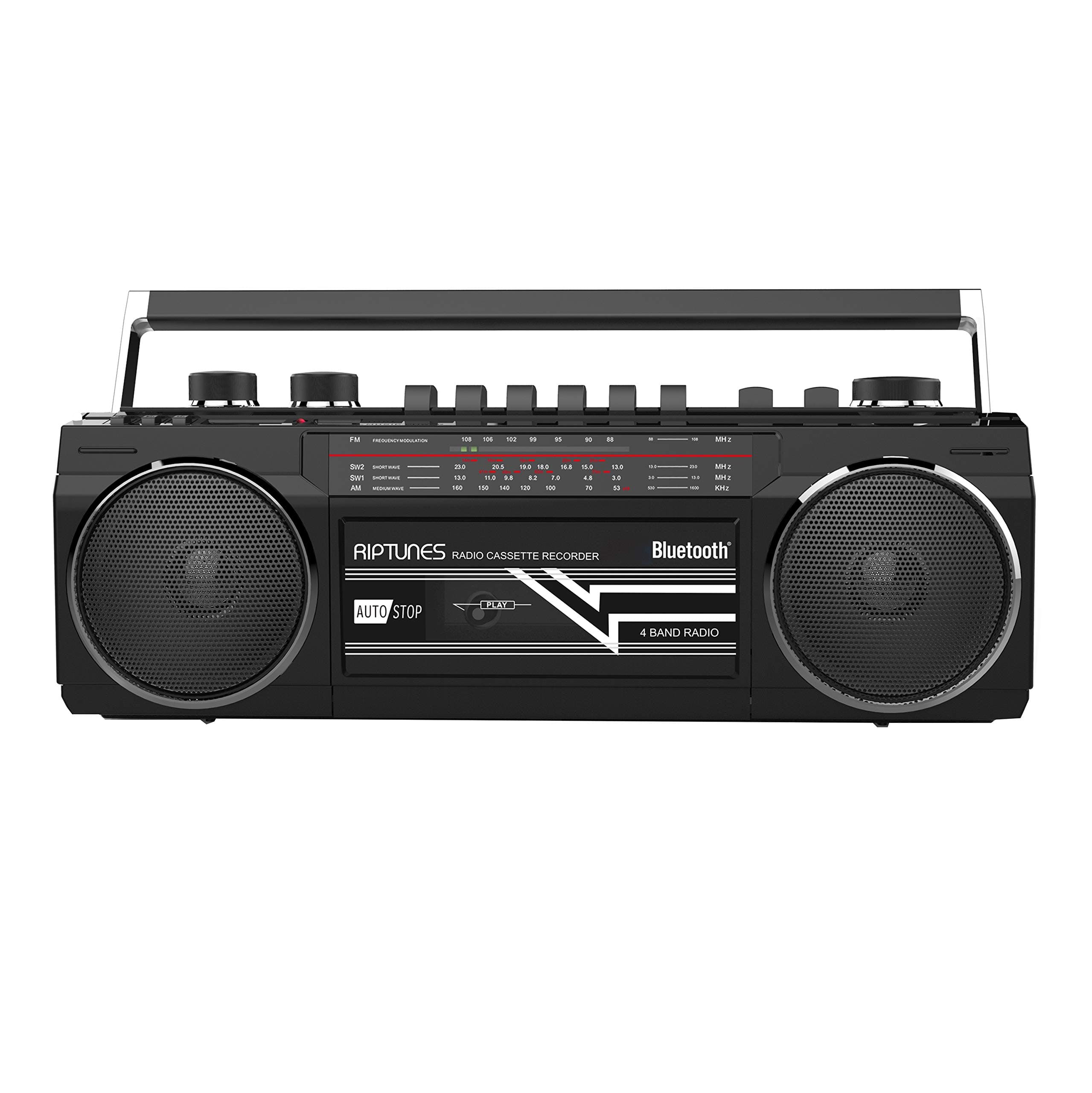 Riptunes Cassette Boombox, Retro Blueooth Boombox, Cassette Player and Recorder, AM/FM/SW-1-SW2 Radio-4-Band Radio, USB, SD, and Aux in, Black