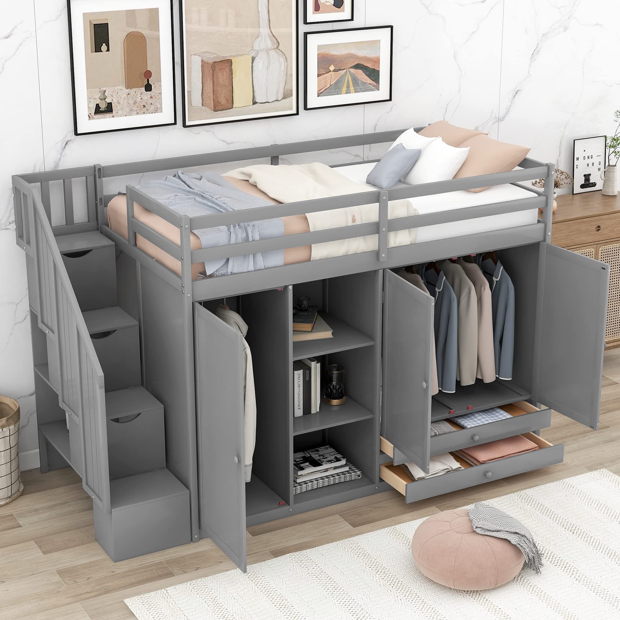Functional Loft Bed Twin Size with 2 Drawers and 2 Wardrobes, Solid Wood Loft Bed Frame with Safety Guardrail and Storage Staircase for Kids Teens Adults, Sturdy Slat Support (Gray-Fun)