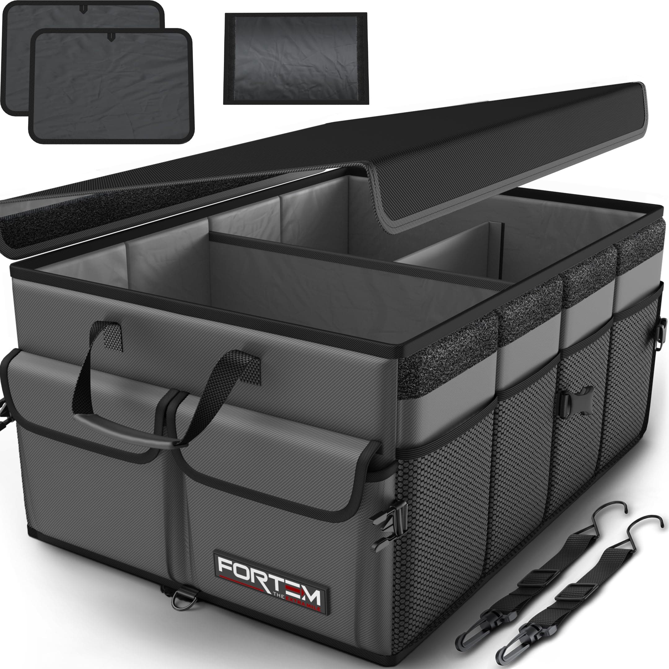 FORTEM Car Boot Organiser, Collapsible Multi Compartment SUV Organizer, Foldable Storage for Car Accessories for Women Men, 600D Oxford, Non Slip Bottom, Securing Straps, Soft Cover (50L)