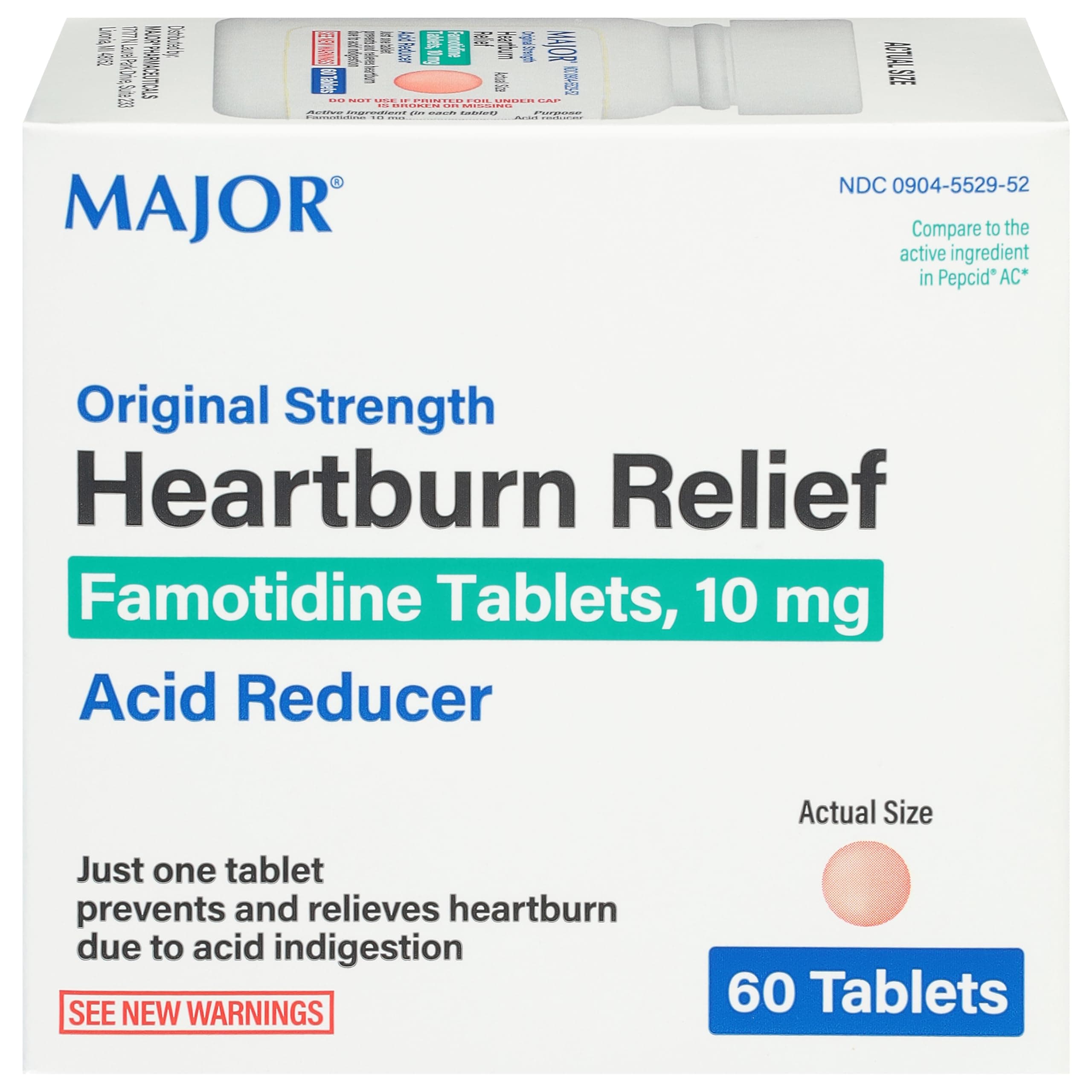 MAJOR Original Strength Heartburn Relief - Famotidine Tablets, 10 mg - Acid Reducer - 60 Count