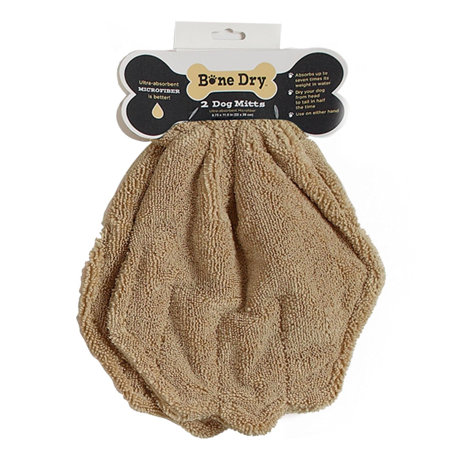 Bone Dry Drying Pet Towel, Drying Mitts, Taupe, 2 Piece