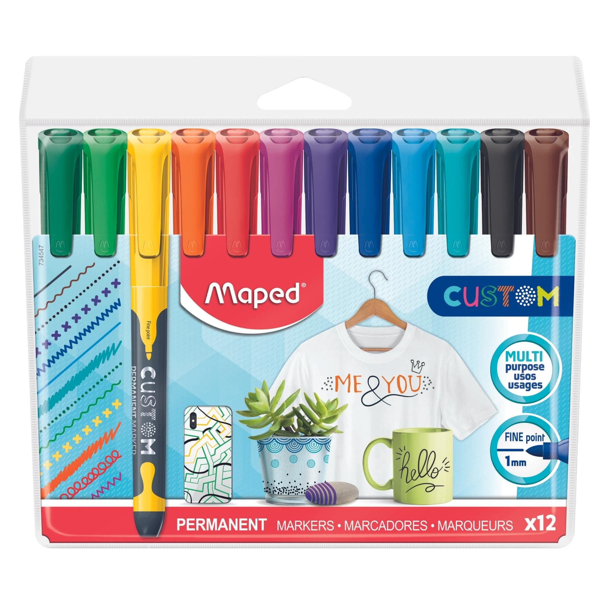 Maped Custom Multi Purpose Permanent Marker 12-Pieces, Assorted