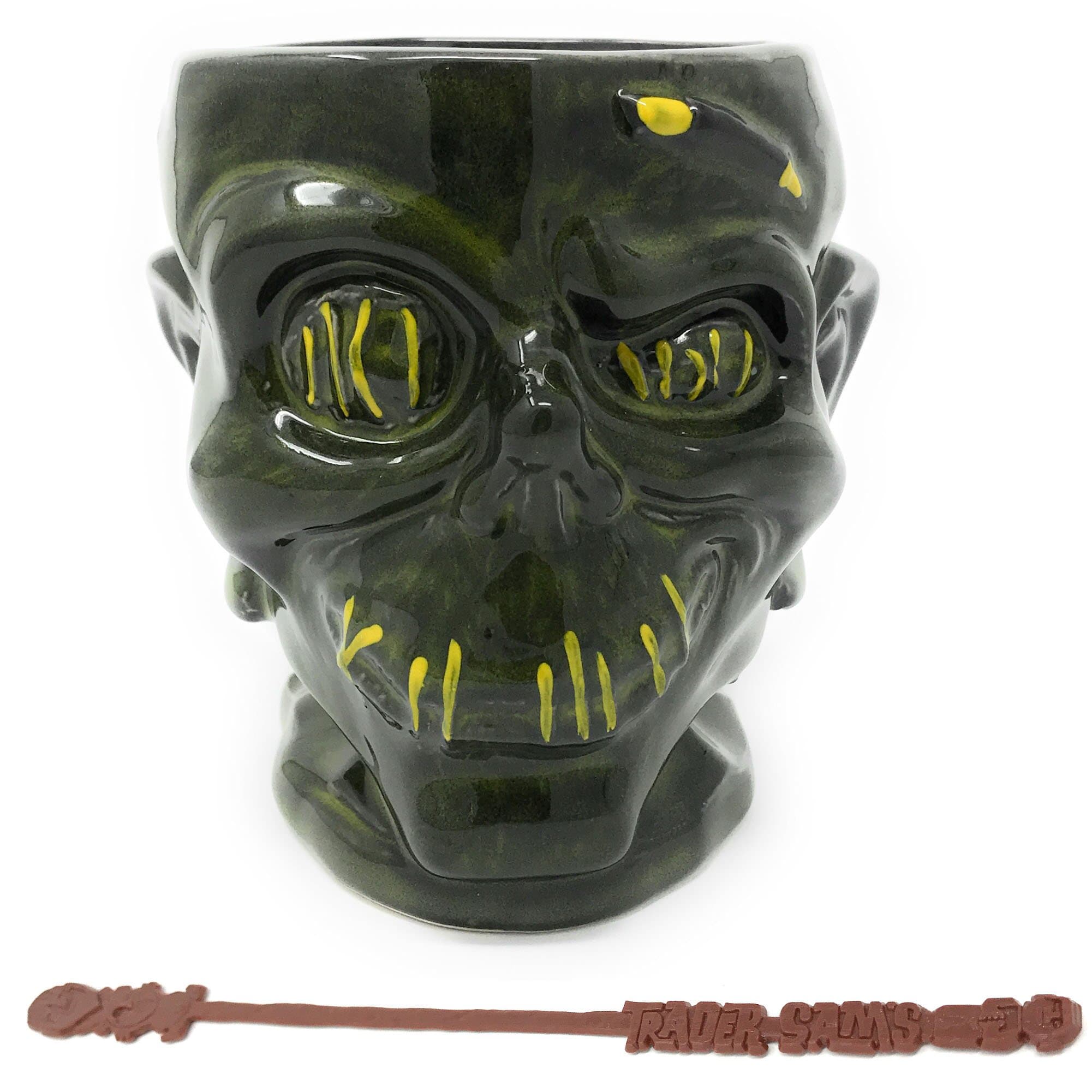 Trader Sams Grog Grotto Shrunken Zombie Head Souvenir Mug with Trader Sams Disneyland Hotel Stir Stick