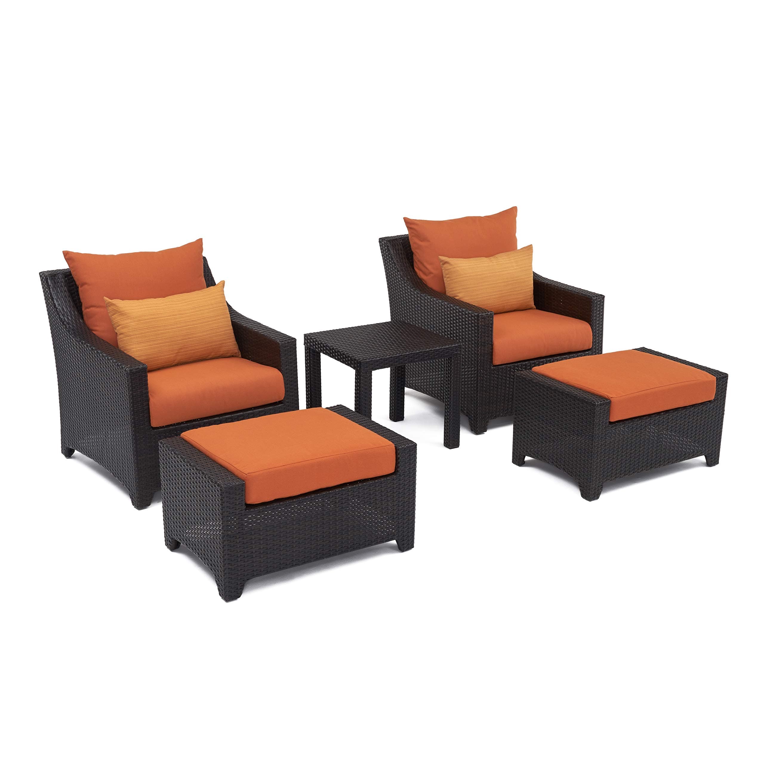 RST Brands Deco 5 Piece Sunbrella Outdoor Patio Club Chairs and Ottomans with Side Table, Resin Wicker, Fade Resistant Cushions, Backyard, Tikka Orange