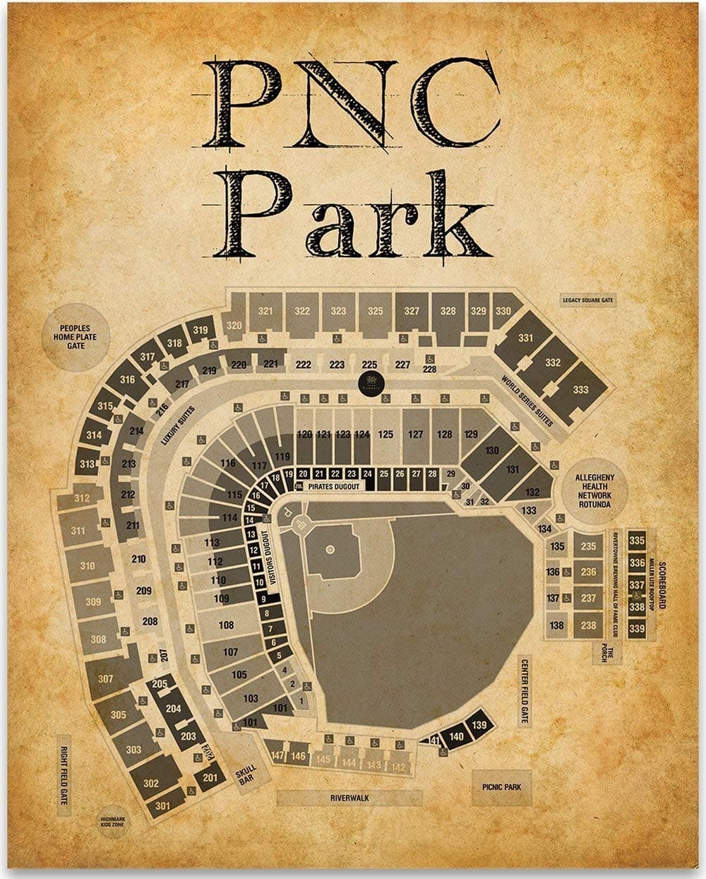Pittsburgh Baseball Stadium Seating Chart 11x14 Unframed Poster – Vintage Ballpark Map, Retro Sports Blueprint Print, Historic Baseball Wall Art for Man Cave, Game Room, Office, or Sports Memorabilia