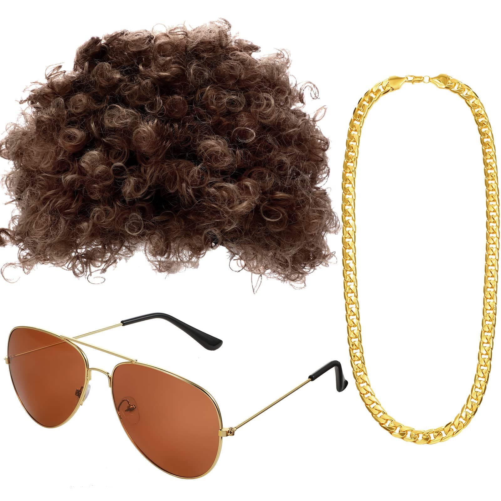 - Hippie Disco Costume Men Set Disco Wig Afro Headgear Gold Celebrity Sunglasses Funky Faux Chain for 50/60/70s Party Accessories(Brown Hair)