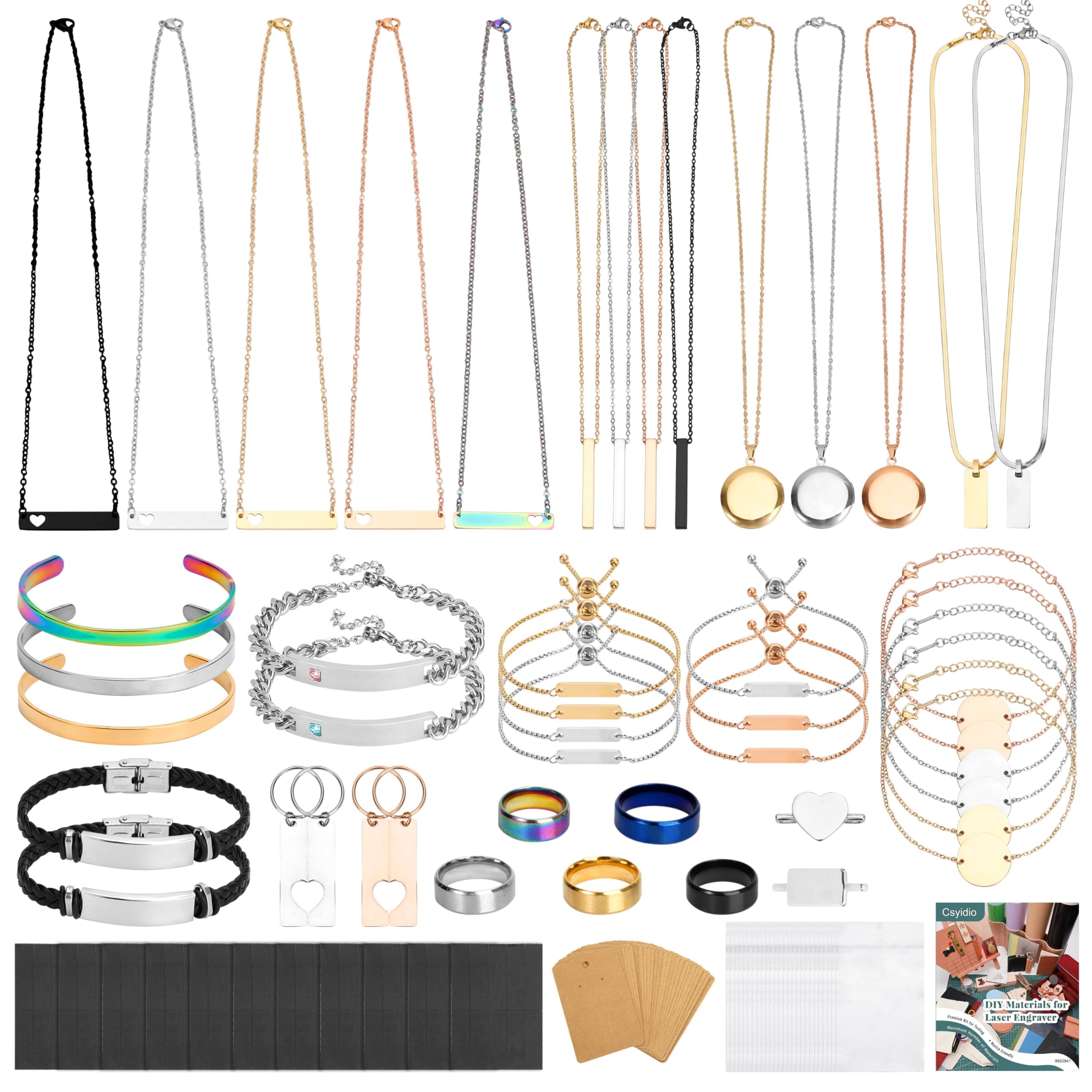 Csyidio 105 PCS Laser Engraving Materials, Jewelry Making Engraving Accessories for All Laser Engravers with Instructions, 45 PCS Stainless Steel Necklace, Pendant, Bracelet, Ring for Laser Crafting