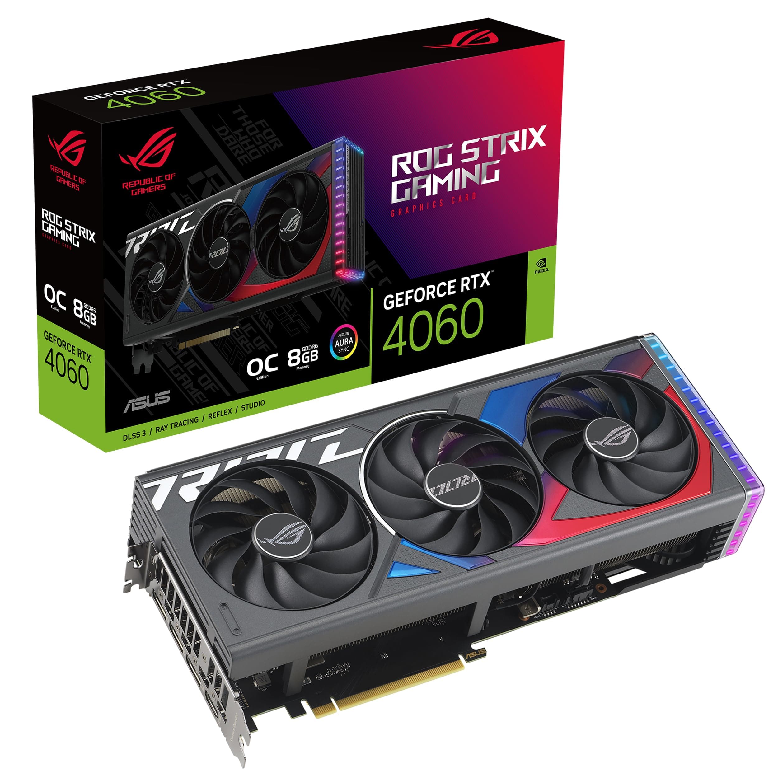 ASUS ROG Strix GeForce RTX™ 4060 OC Edition Gaming Graphics Card (PCIe 4.0, 8GB GDDR6, DLSS 3, HDMI 2.1a, DisplayPort 1.4a, Axial-tech Fan Design, Aura Sync, 0dB Technology)