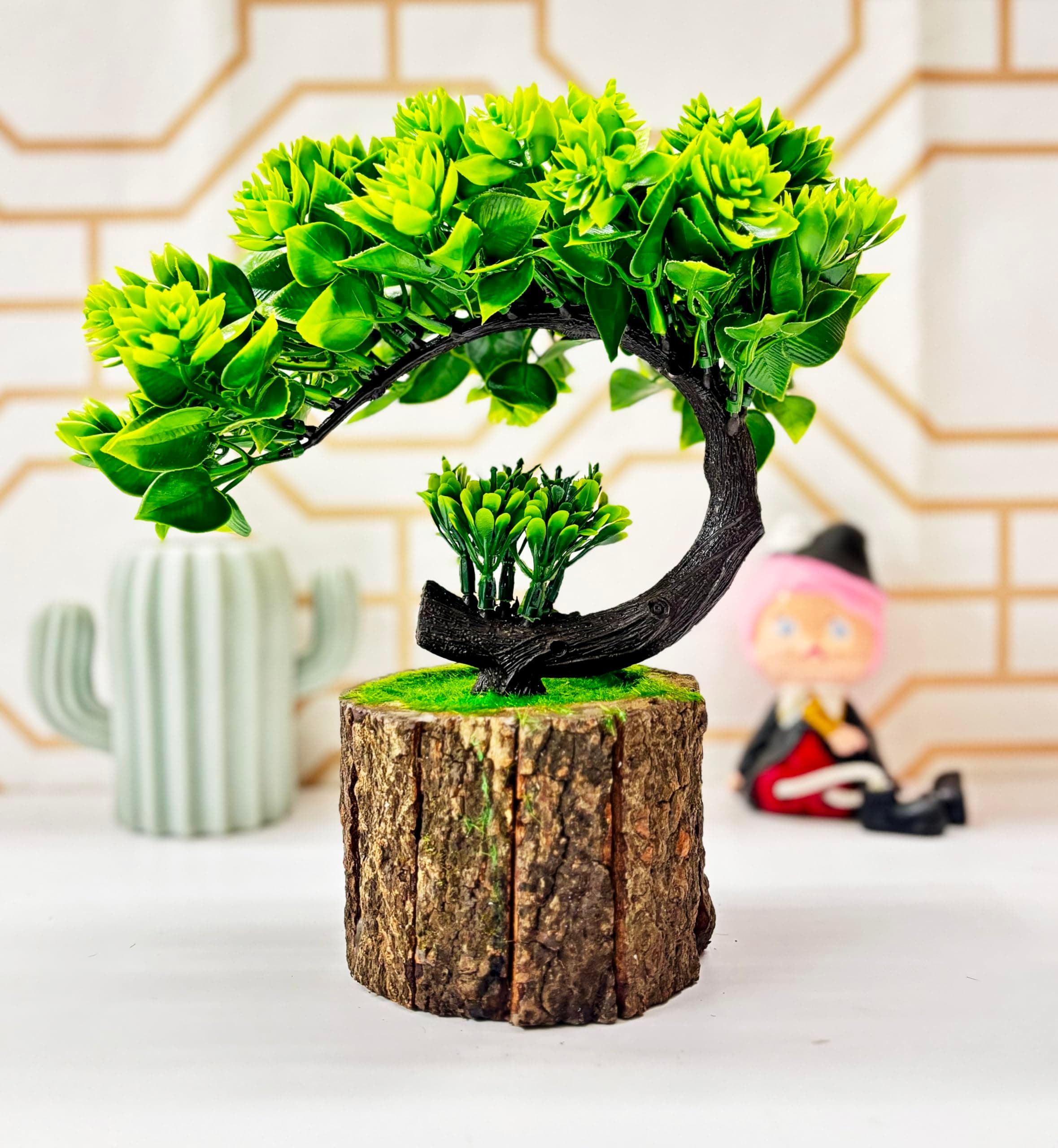 Artificial Bonsai Tree Fake Plant Potted House Plants Japanese Pine Bonsai Plant Faux Bonsai for Home Indoor Decoration Office (Height : 21CM, Wooden Pot, Green-E)