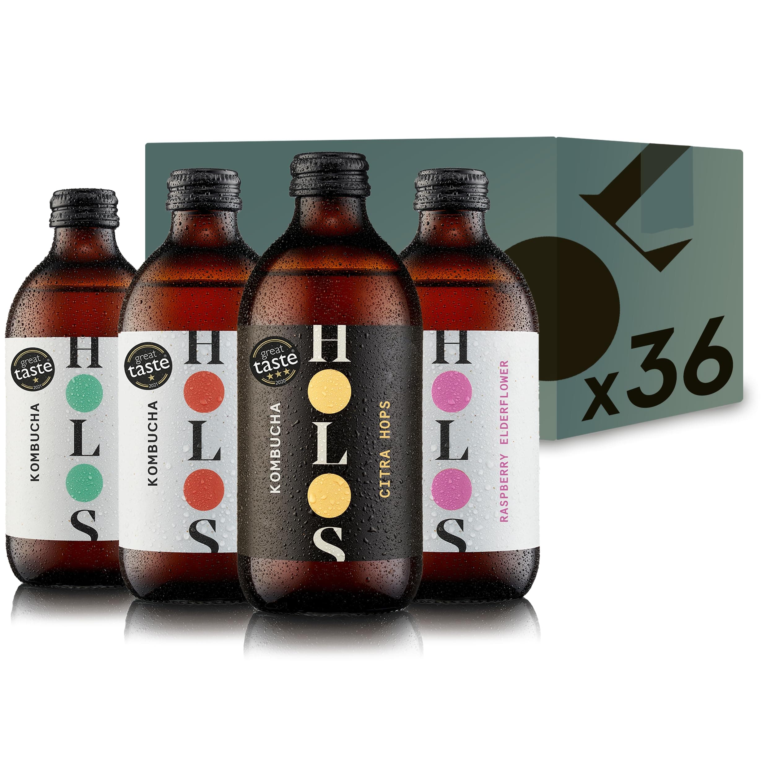 HOLOSKombucha Drink Mixed Case - Organic Kombucha Tea - Chilled, Unpasteurised Raw Kombucha - Vegan, All-Natural Ingredients - 36 x 330ml Kombucha BottlesSoil AssociationSoil AssociationSoil Association