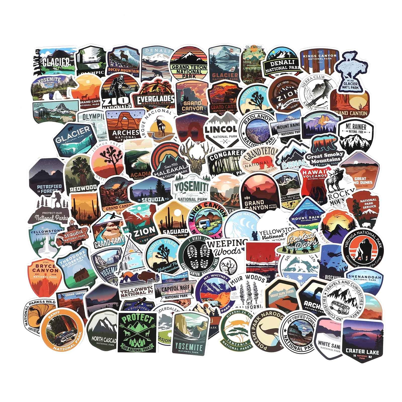 National Park Sticker Pack Set 100 pcs, Outdoor Nature Adventure Hiking Camping Wilderness Stickers, Waterproof Vinyl Travel Stickers Decals for Water Bottle Laptop Car Bumper Luggage Phone Case Bike