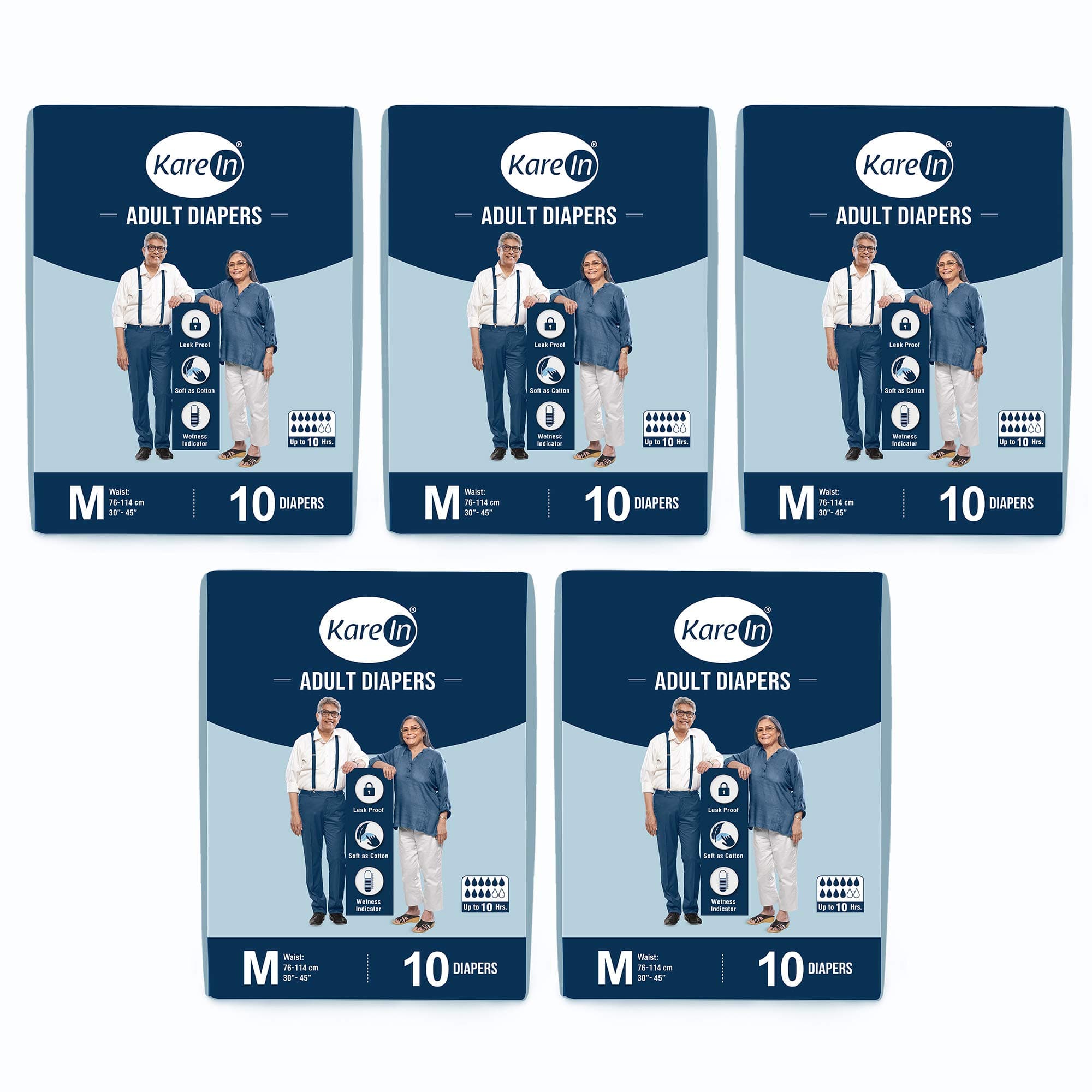 Kare In Adult Diapers Medium 10 Count, Waist Size 76-114cm (30"-45")-Pack of 5 (50 Counts)