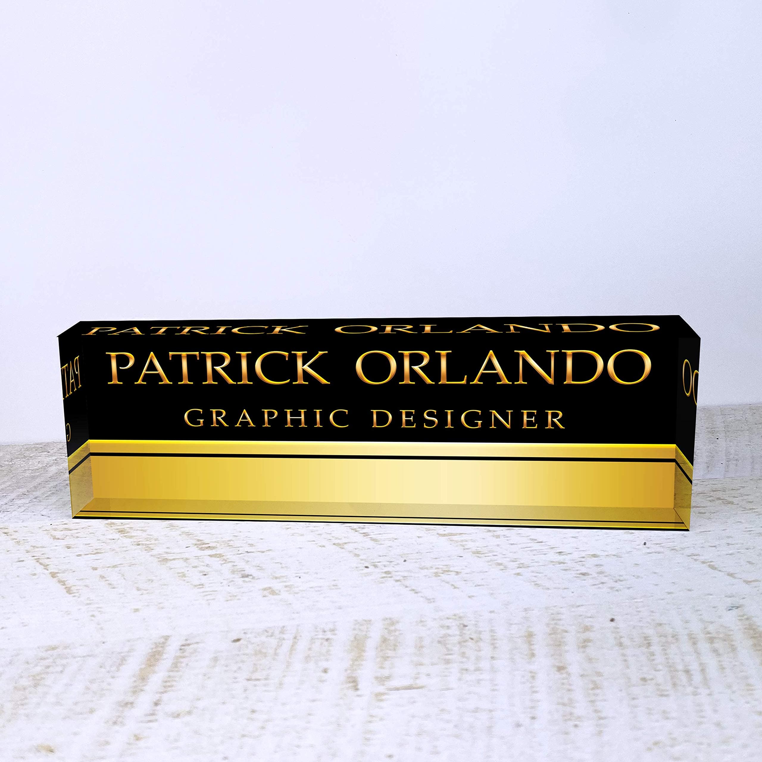 Artblox Office Desk Name Plate Personalized | Custom Name Plates for Desks on Acrylic Glass Decor | Office Desk Decor Nameplate | Desk Accessories | Black Gold Stripe - (8"x2.5")