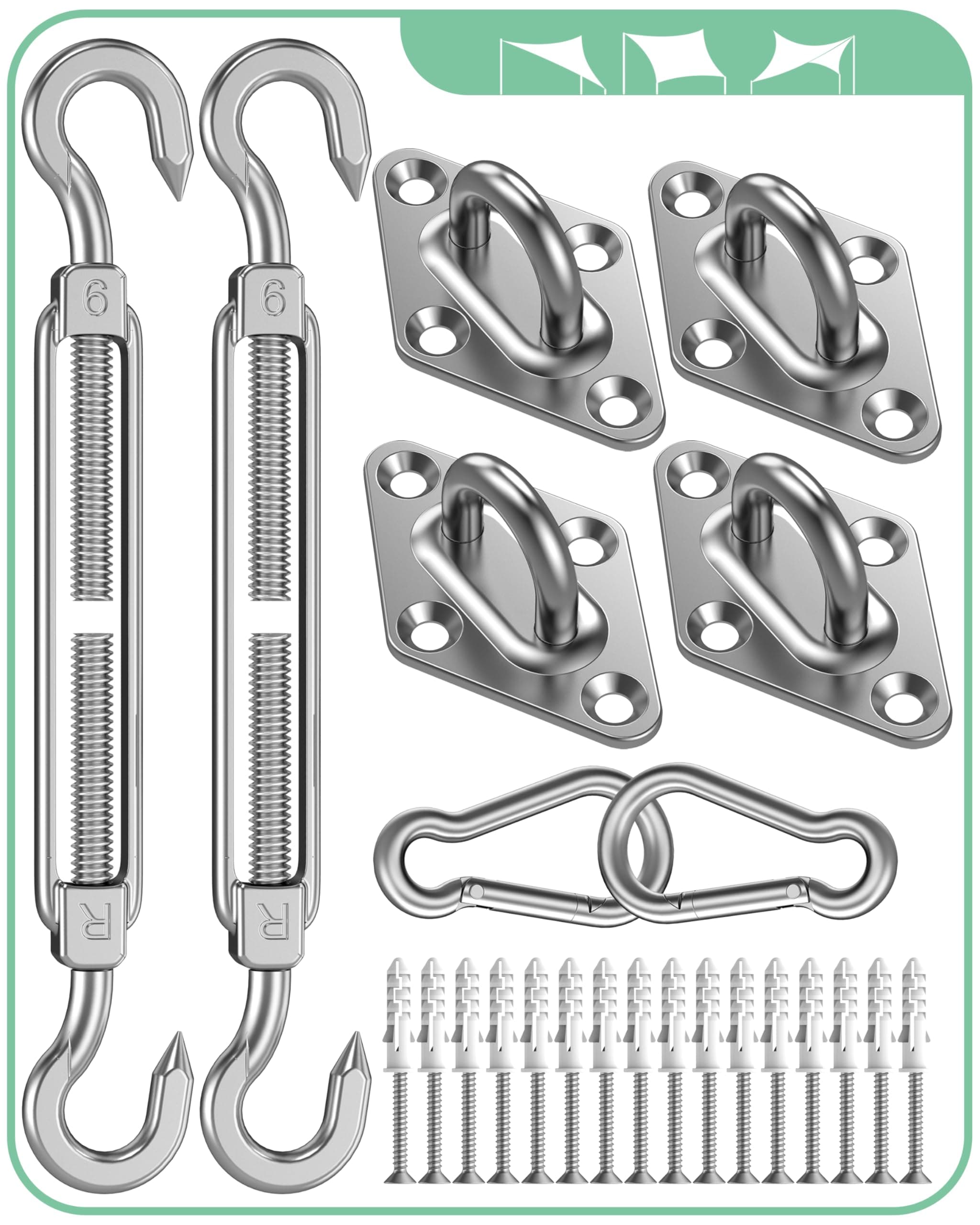 Sun Shade Sail Hardware Kit: Triangle Rectangle Shade Sail Hardware Kit Heavy Duty, M6 Turnbuckles for Shade Sail Pad Eye Sun Shade Hooks, Patio Garden Sun Shade Sail Canopy Hardware Installation Kit