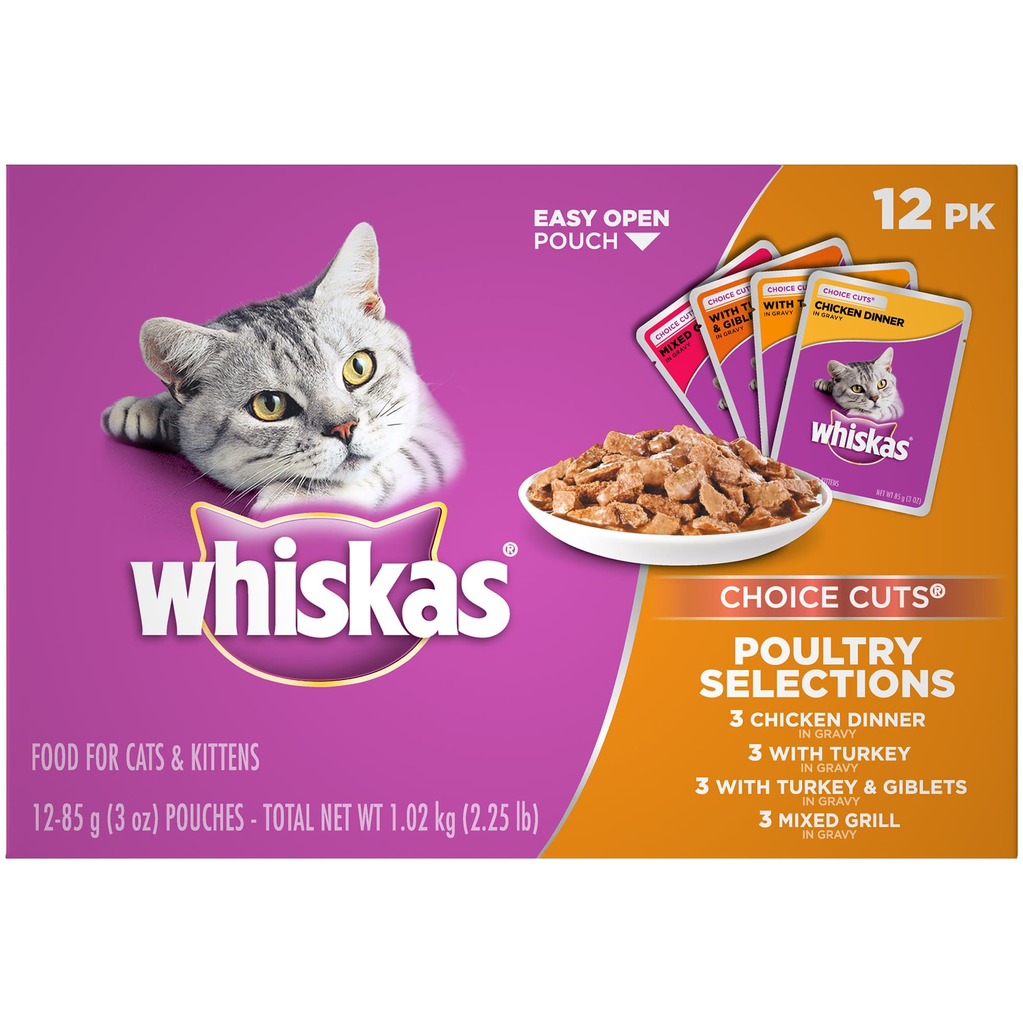 WHISKAS CHOICE CUTS Poultry Selections Variety Pack Wet Cat Food Pouches 3 Ounces (Pack of 48)
