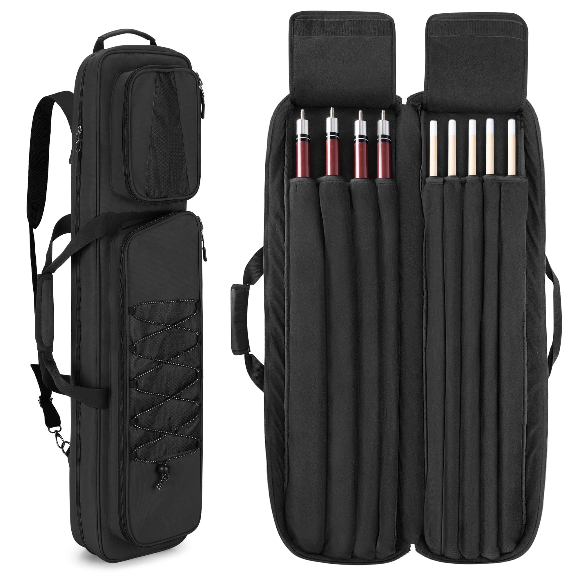 GOBUROUS 4x5 Pool Cue Case, Billiard Stick Carrying Case Holds 4 Butts and 5 Shafts, Soft Pool Stick Bag with with Large Front Accessories Pockets and Shoulder Strap for Easy Carry
