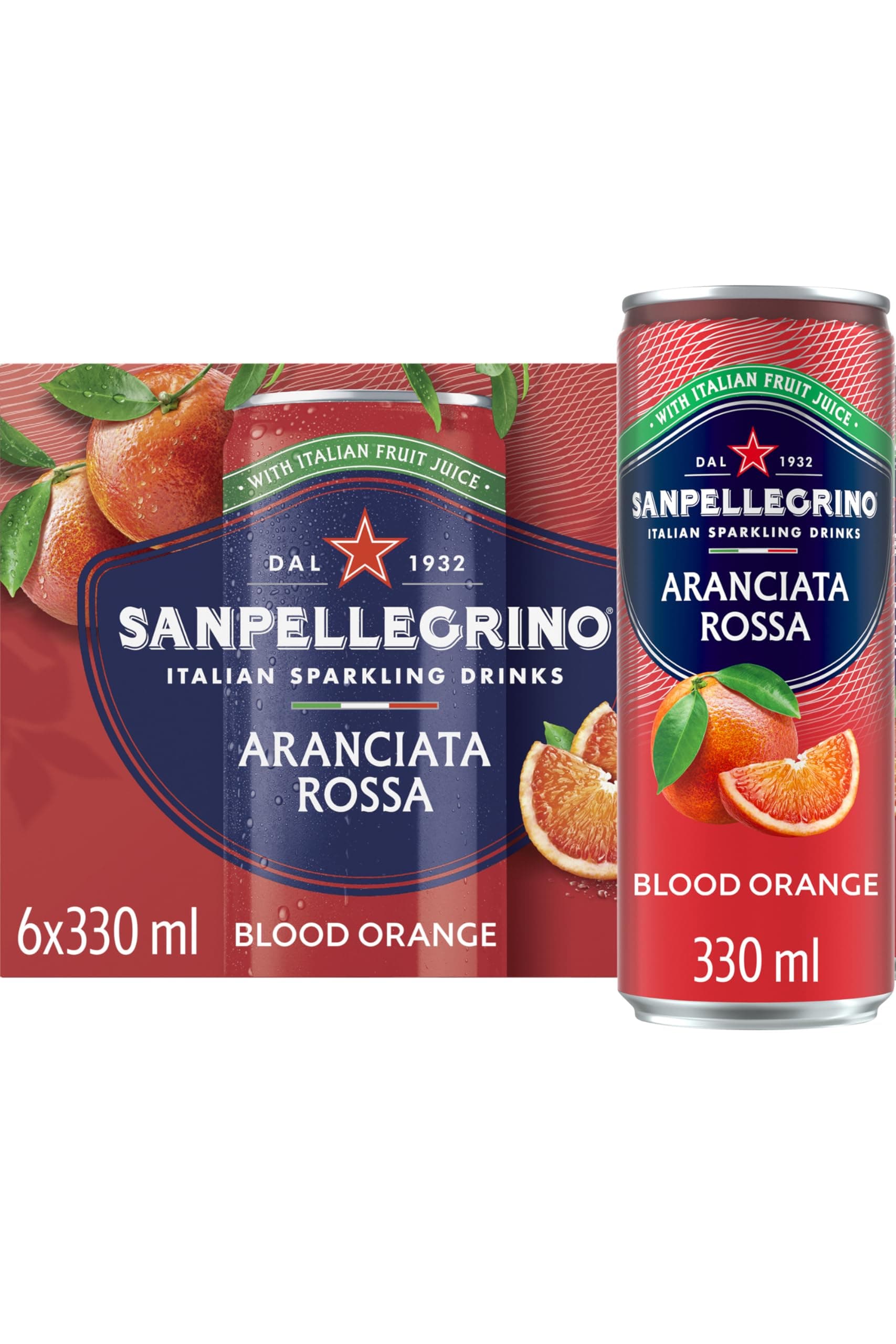 San Pellegrino Italian Sparkling Drinks Tastefully Light Sparkling Blood Orange Canned Soft Drink 6 x 330ml | 69 kCals per Can