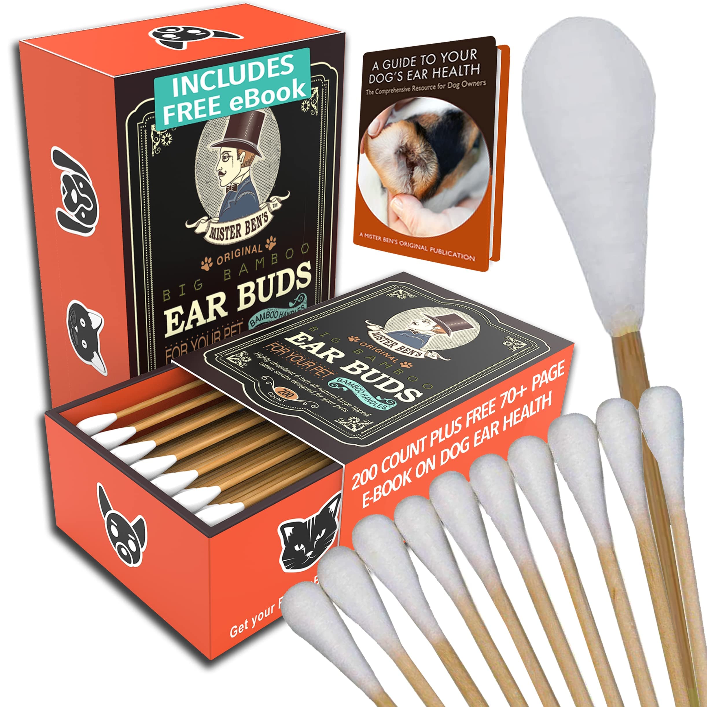 MISTER BEN'SOriginal Big Bamboo Buds for Pets – Premium Cat and Dog Ear Cleaner Cotton Swabs – Soft, Absorbent Cleaning Ear Bud with Long 6 Inch Bamboo Handle – 200 Count